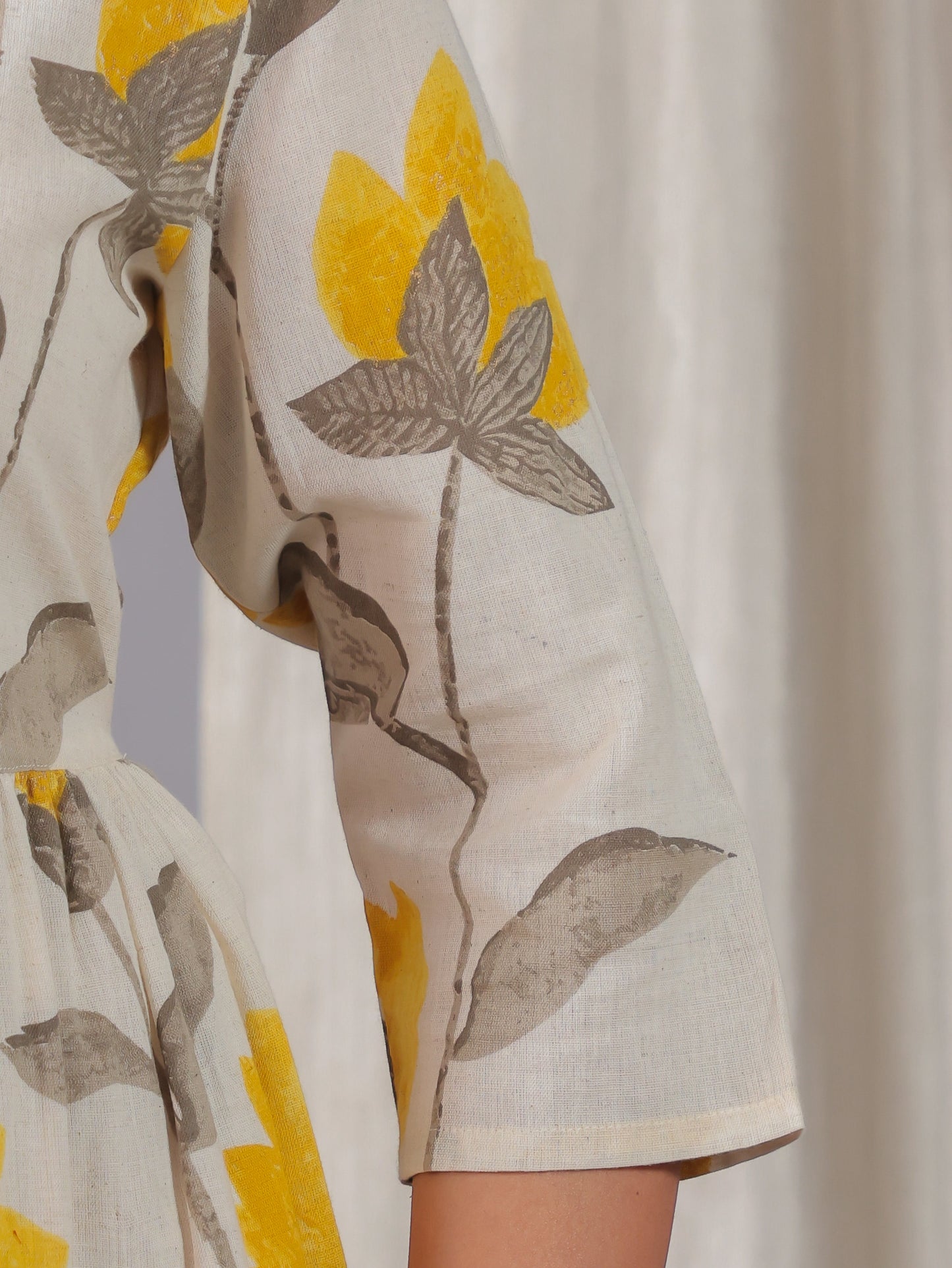 Linen Cotton Floral Gathered Off White Dress