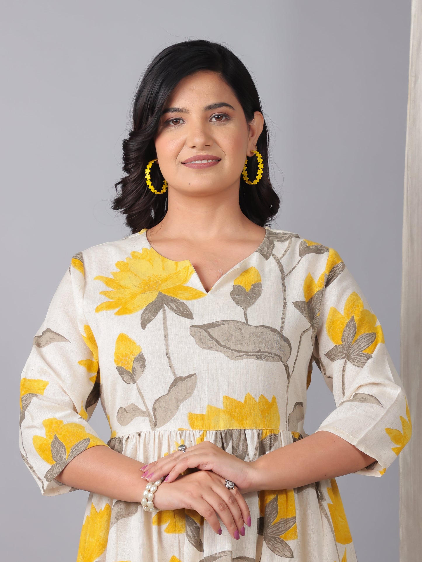 Linen Cotton Floral Gathered Off White Dress