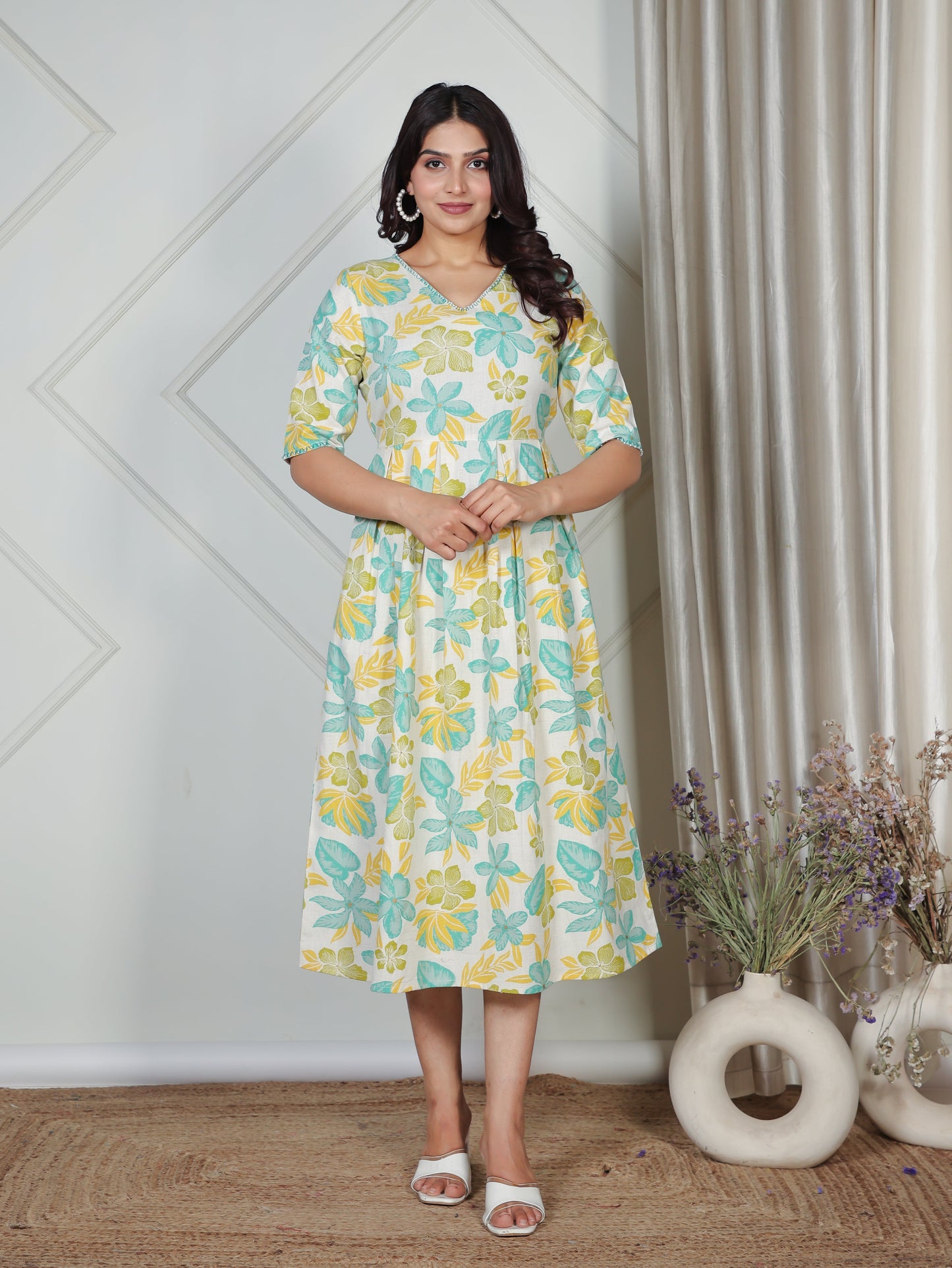 Linen Cotton Floral A-line Off White Dress