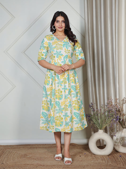 Linen Cotton Floral A-line Off White Dress