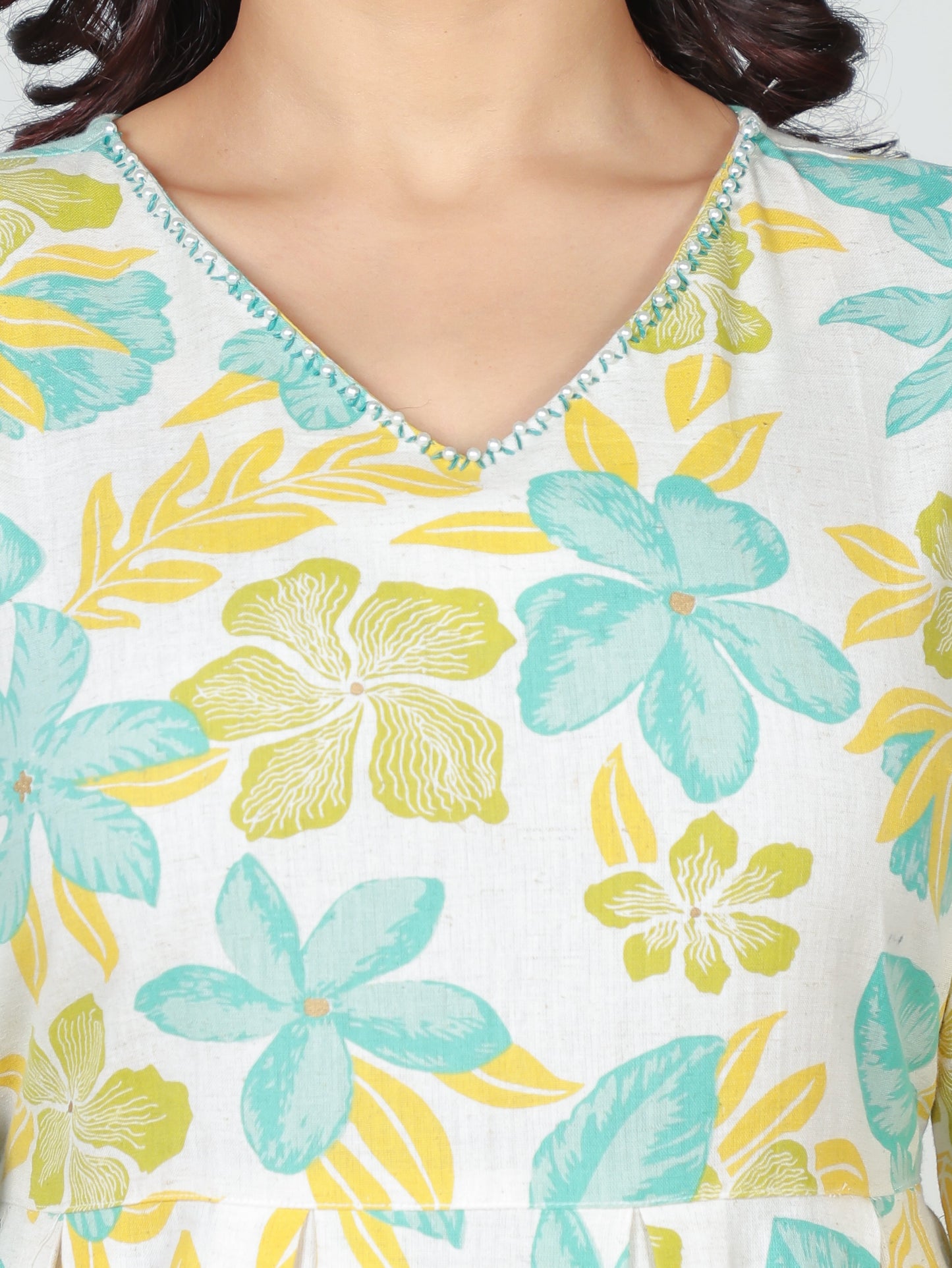 Linen Cotton Floral A-line Off White Dress