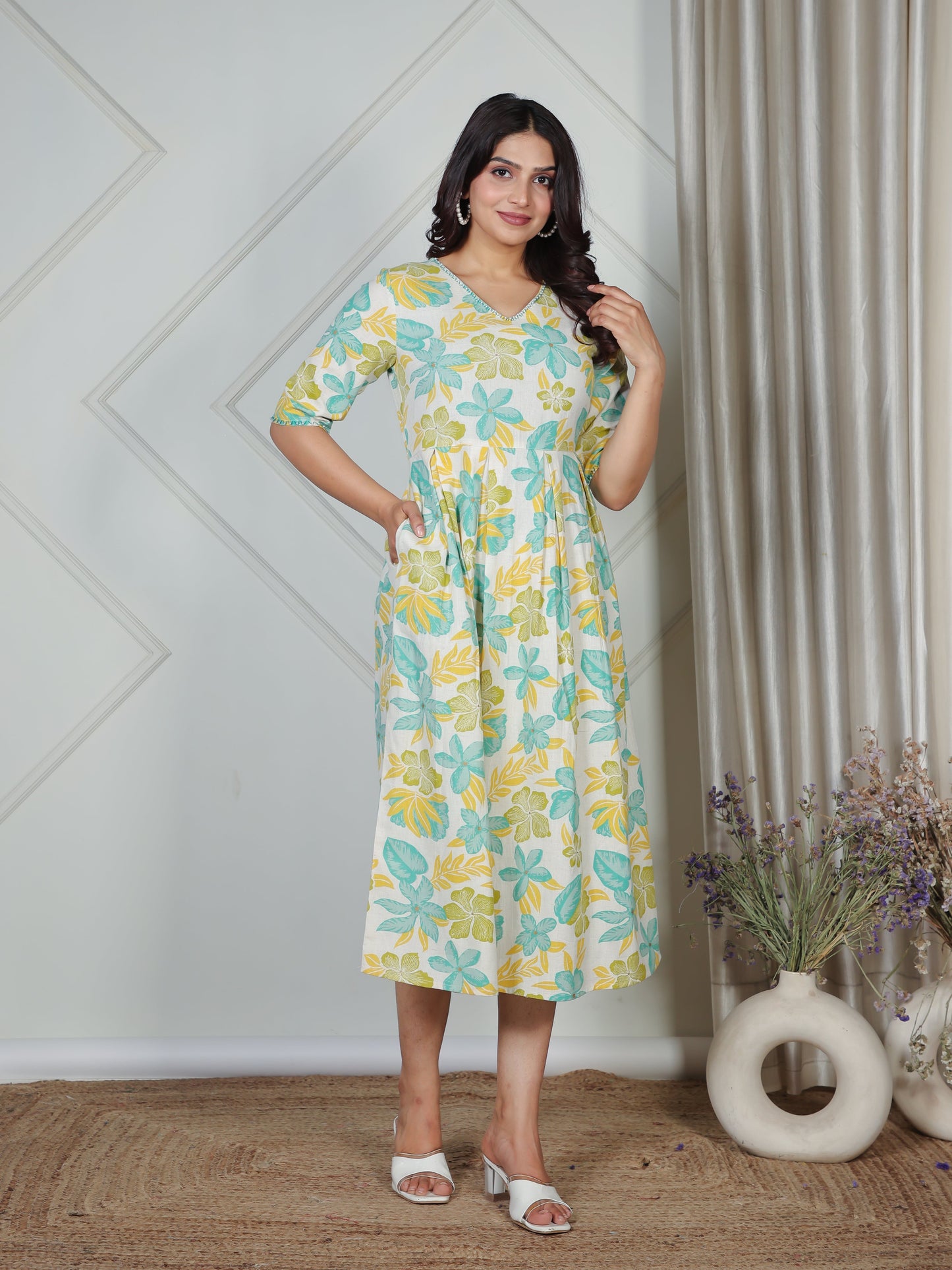 Linen Cotton Floral A-line Off White Dress