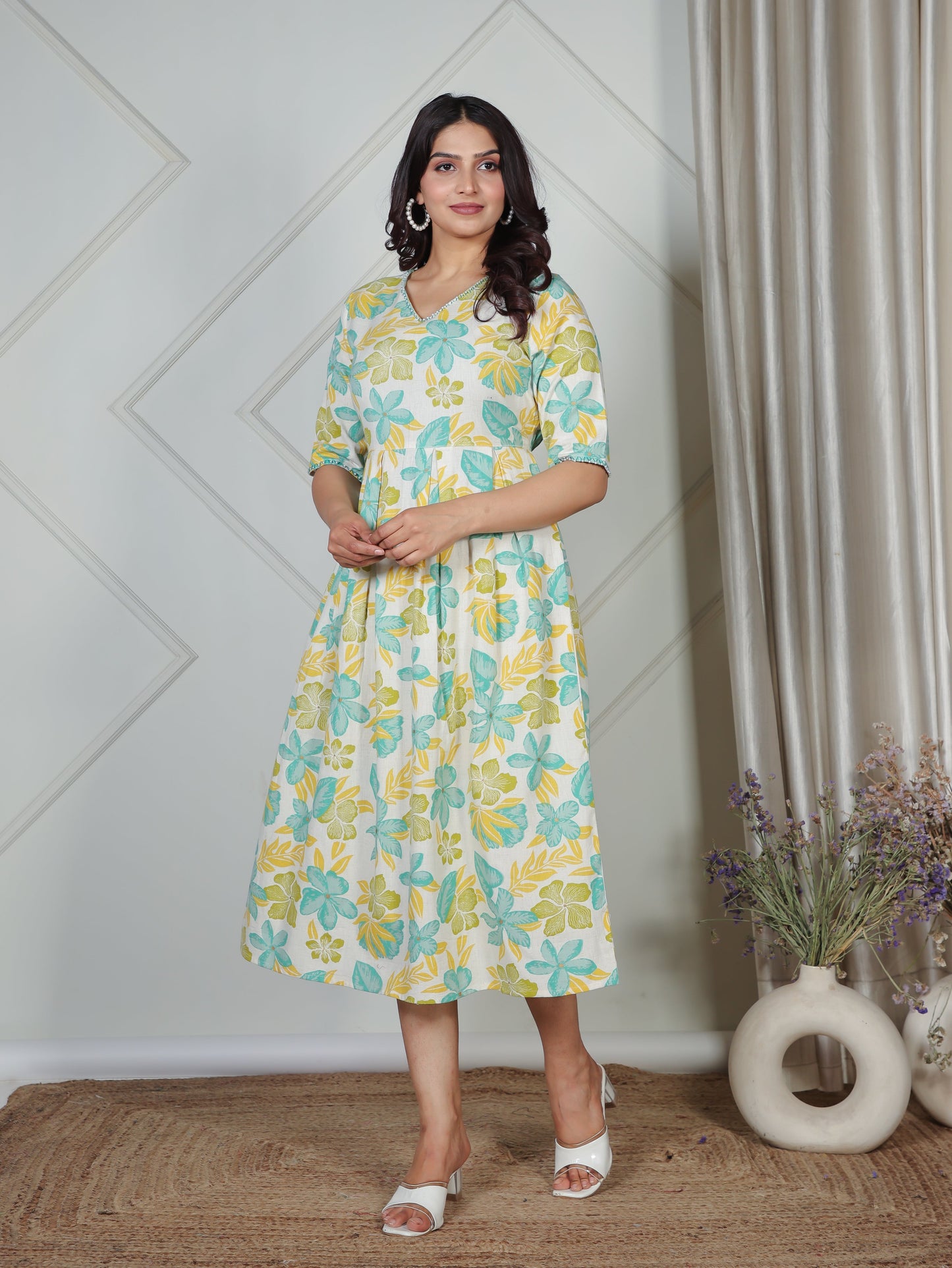 Linen Cotton Floral A-line Off White Dress