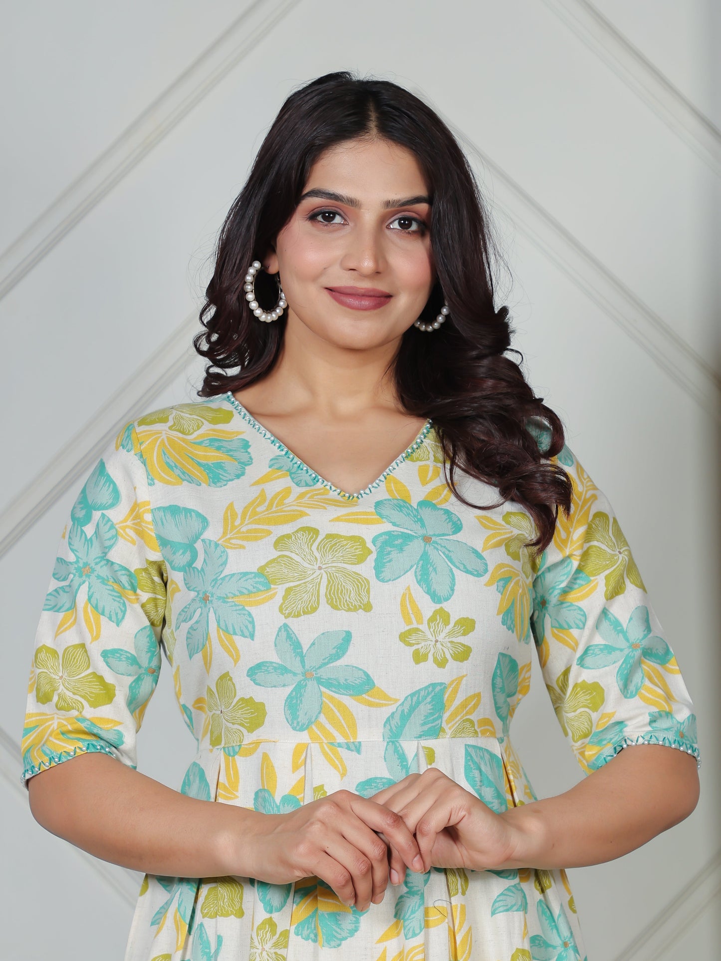 Linen Cotton Floral A-line Off White Dress