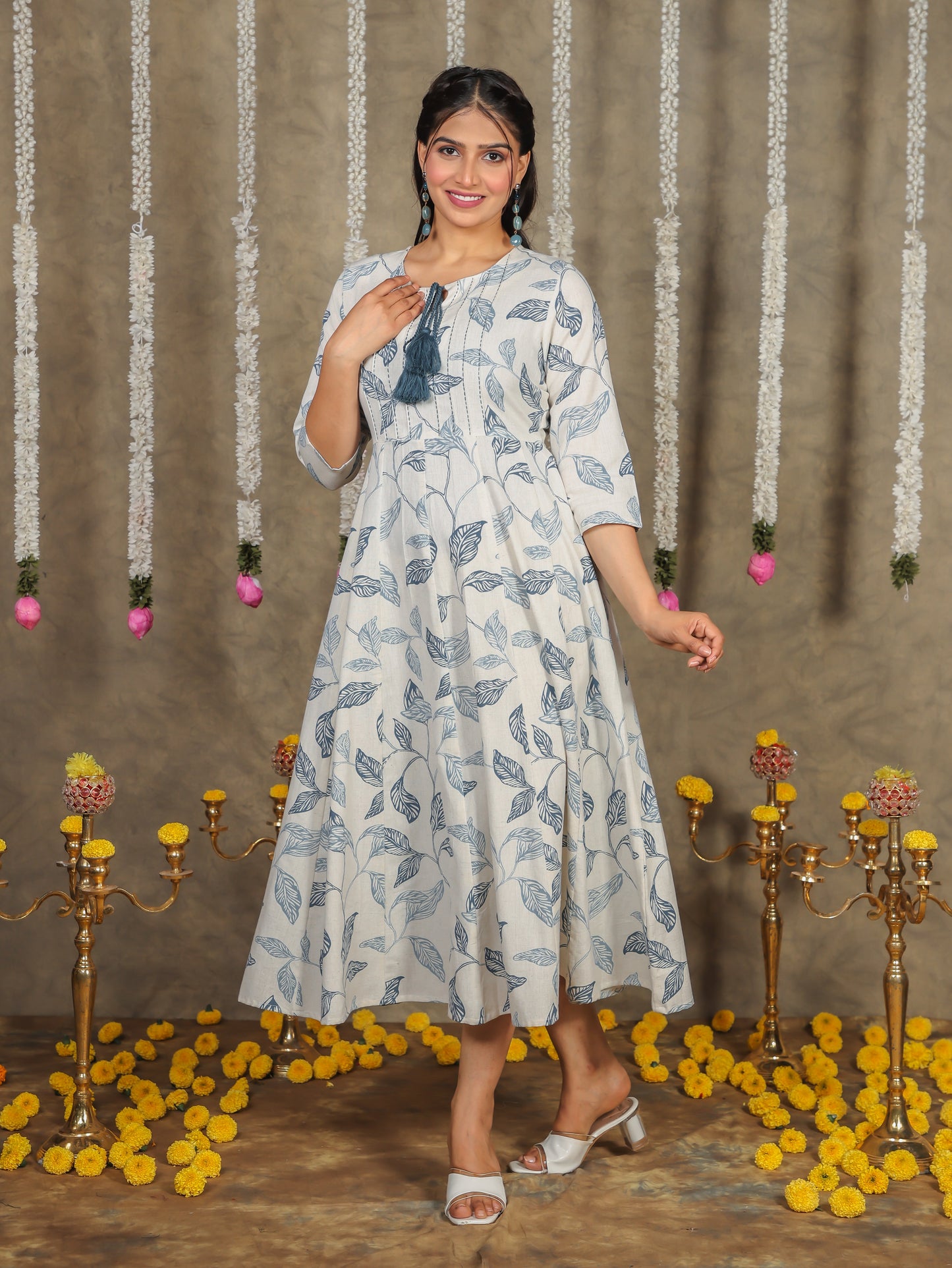 Linen Cotton Foliage Flared Off White Dress