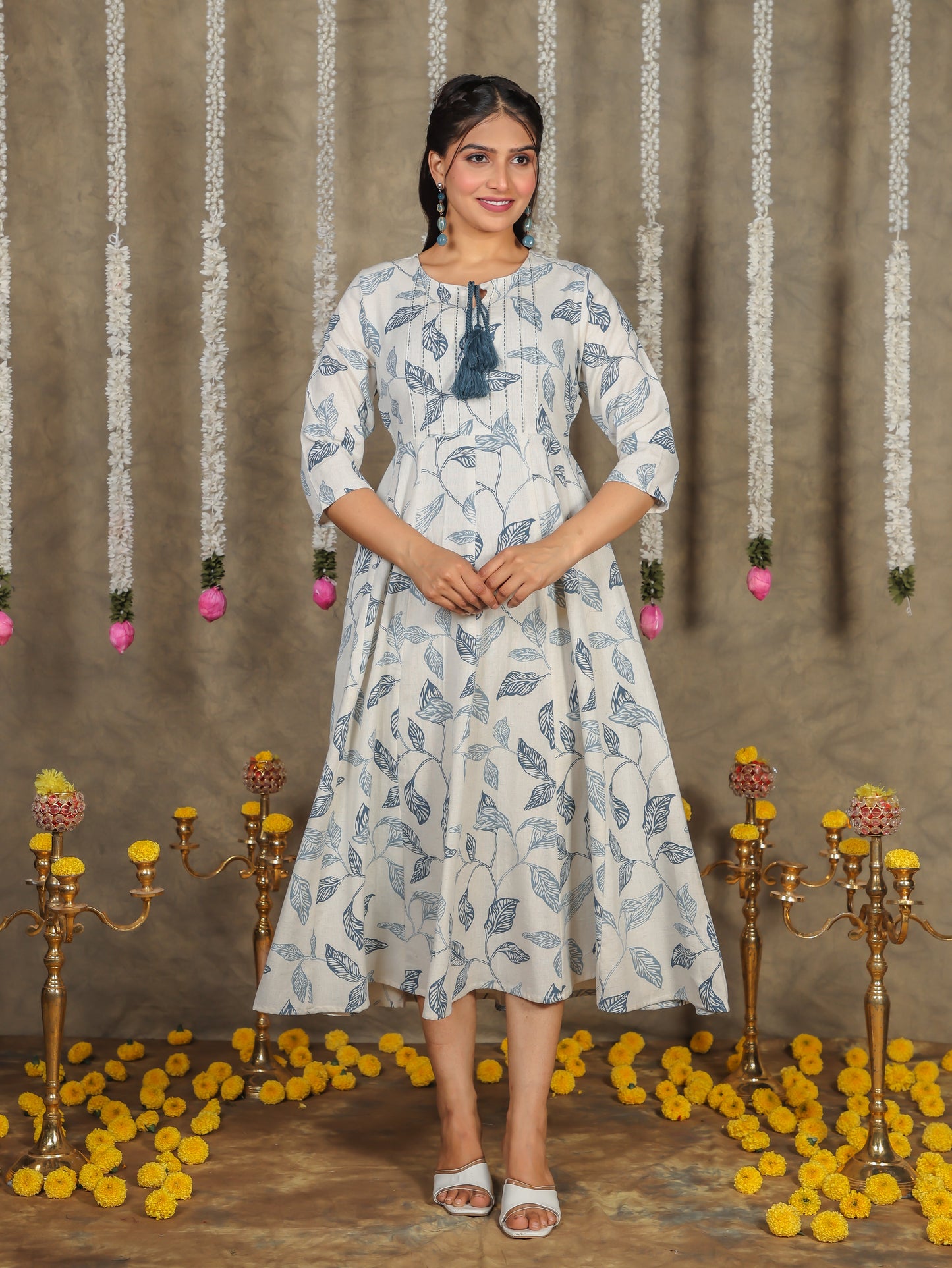 Linen Cotton Foliage Flared Off White Dress