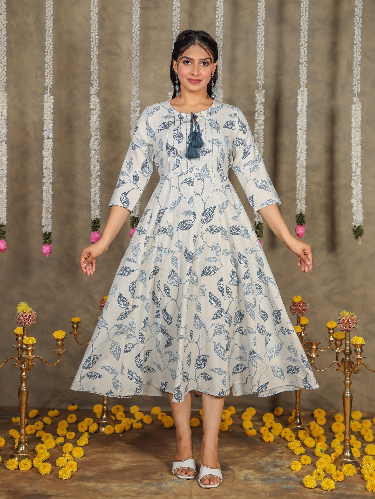 Linen Cotton Foliage Flared Off White Dress