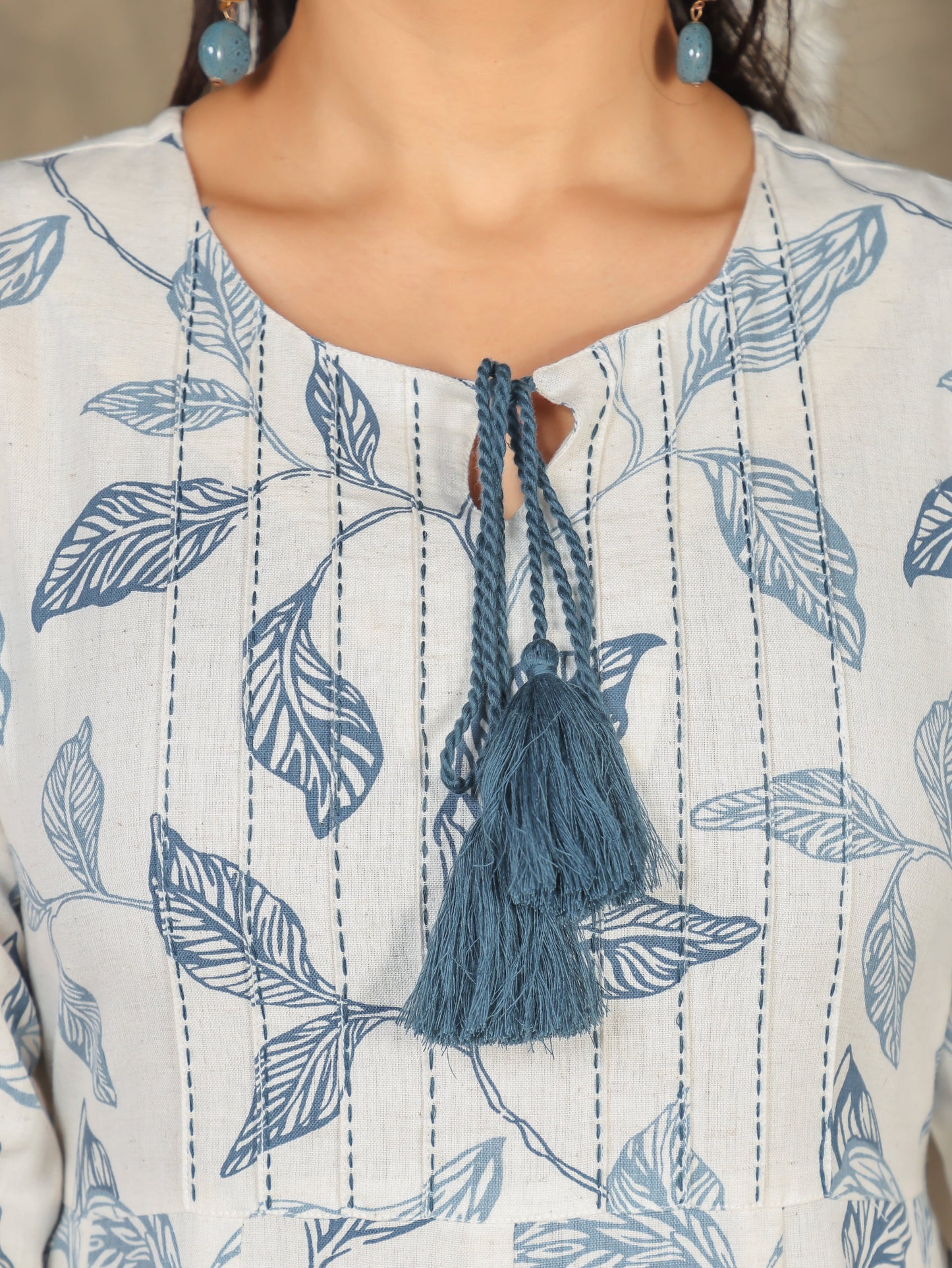 Linen Cotton Foliage Flared Off White Dress