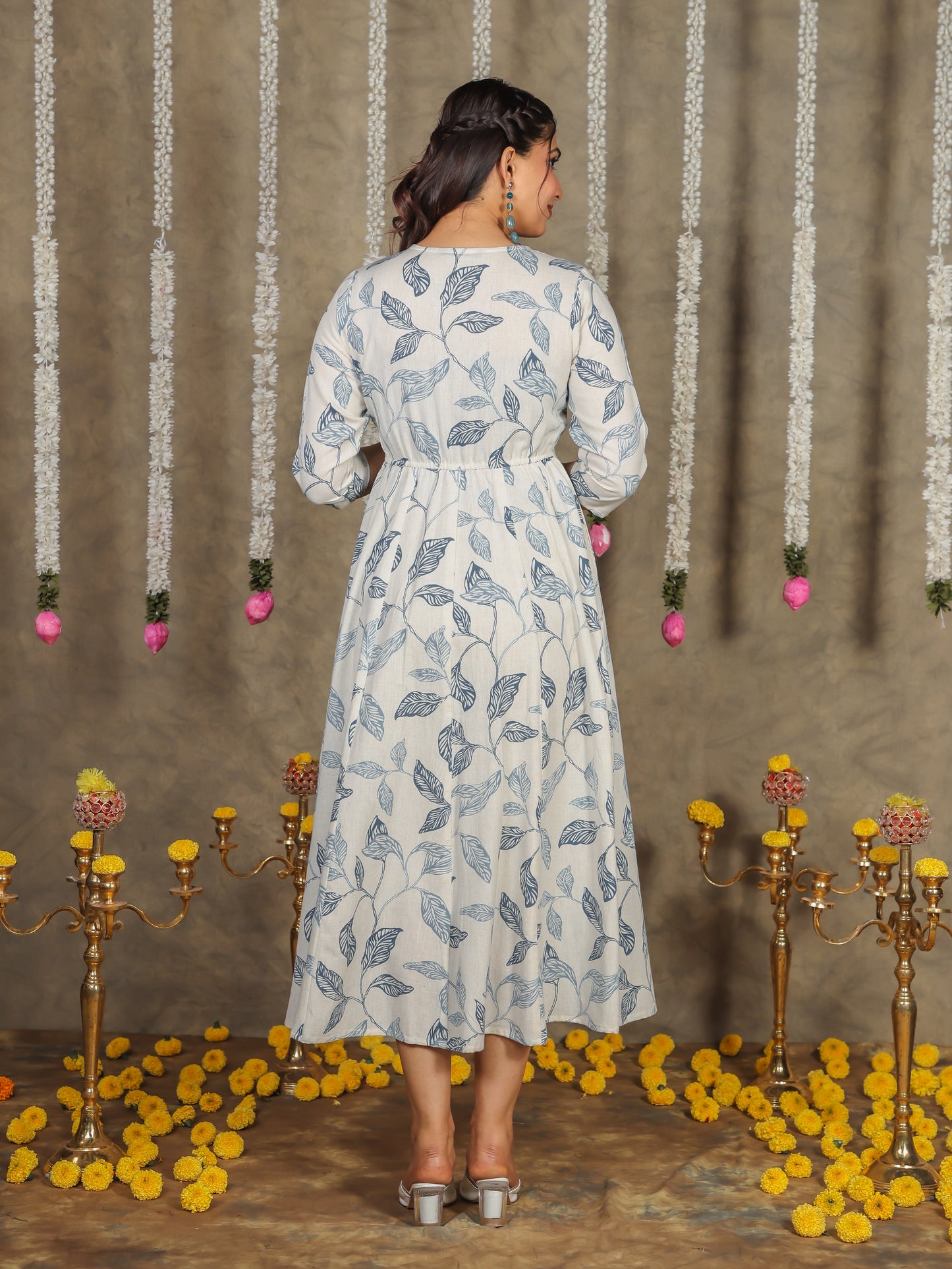 Linen Cotton Foliage Flared Off White Dress