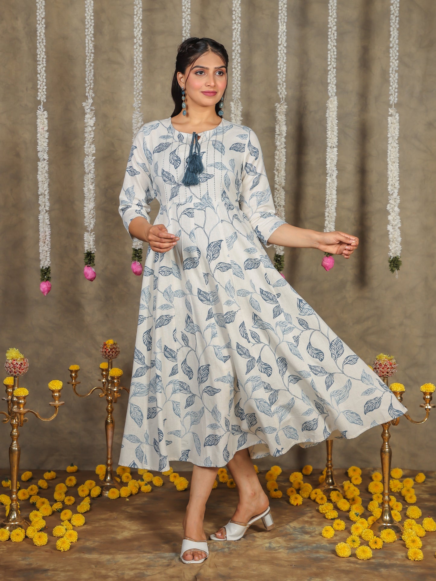 Linen Cotton Foliage Flared Off White Dress