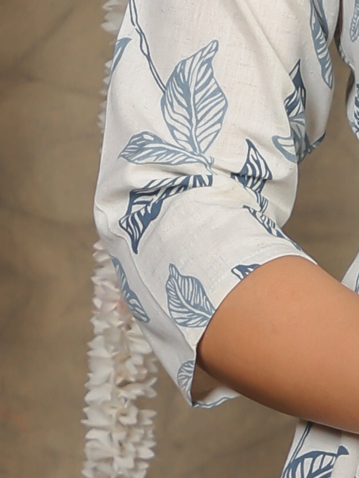 Linen Cotton Foliage Flared Off White Dress