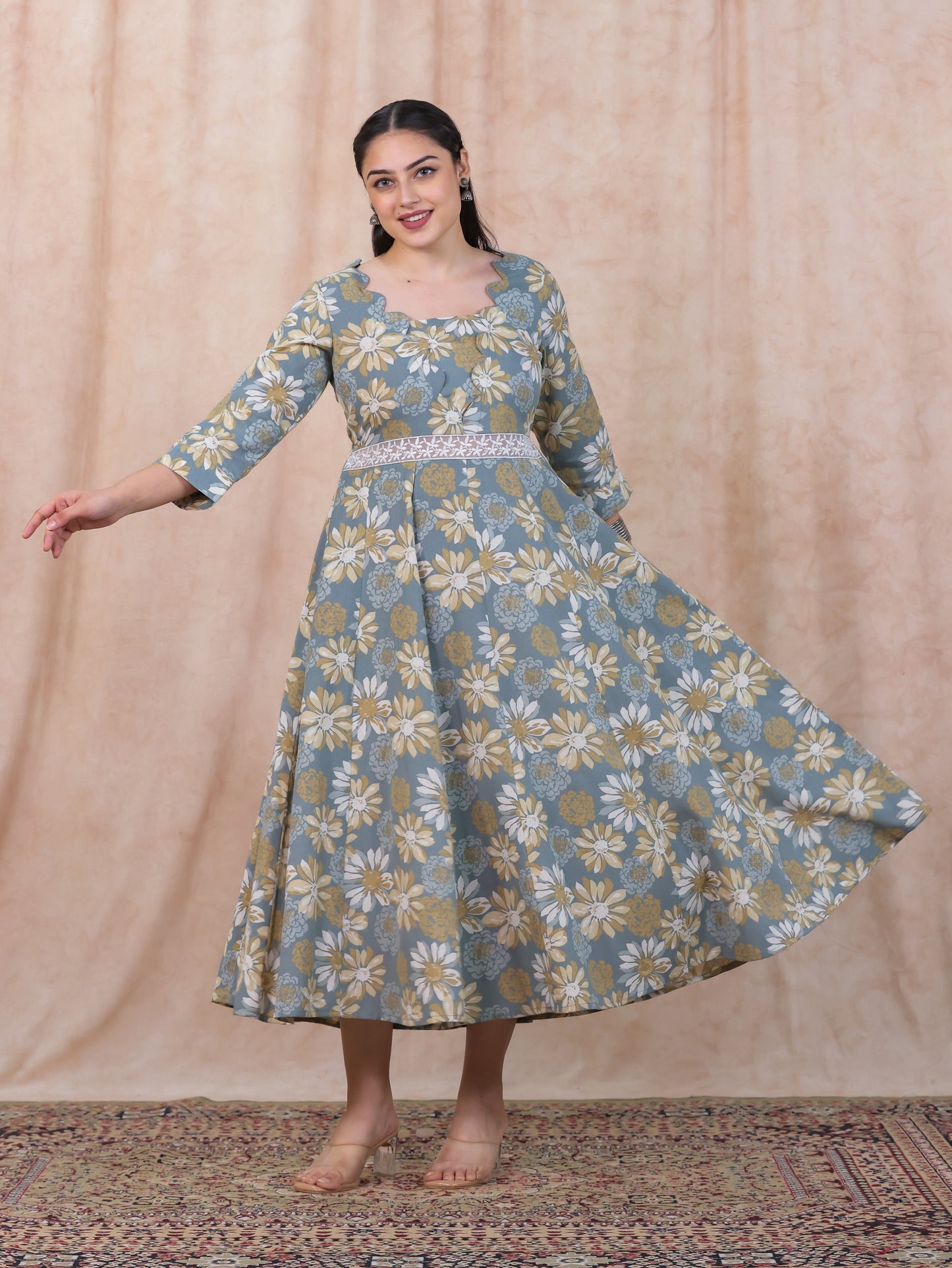 Linen Cotton Floral Flared Off White Dress