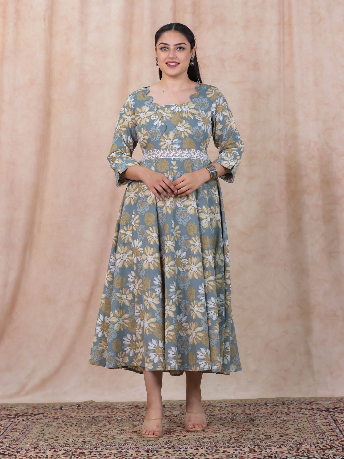 Linen Cotton Floral Flared Off White Dress