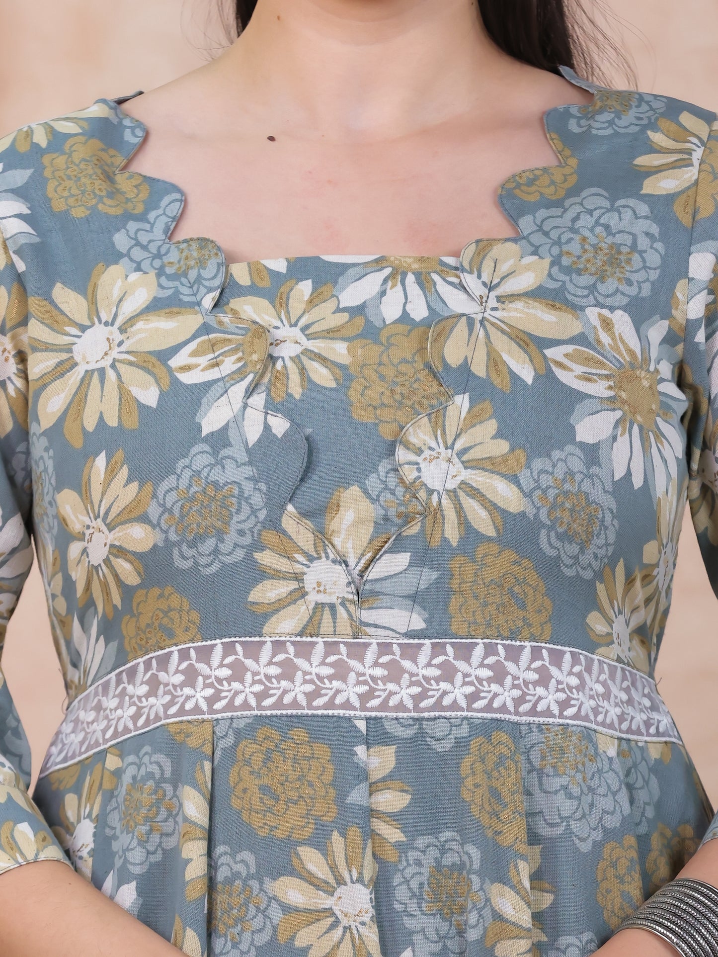 Linen Cotton Floral Flared Off White Dress