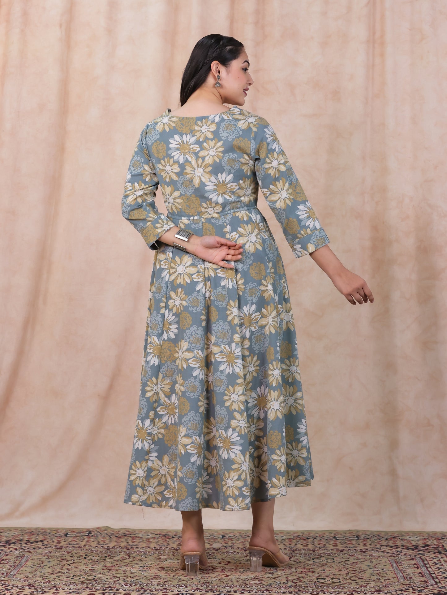 Linen Cotton Floral Flared Off White Dress