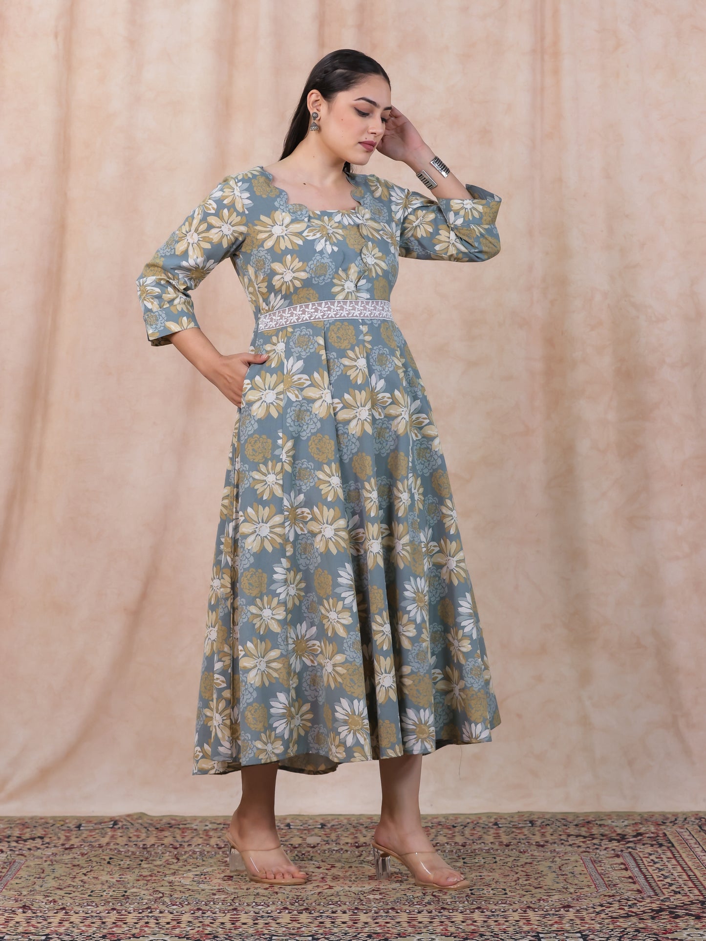 Linen Cotton Floral Flared Off White Dress