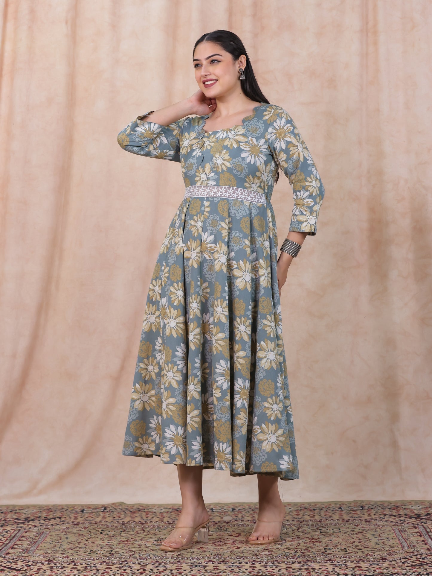 Linen Cotton Floral Flared Off White Dress