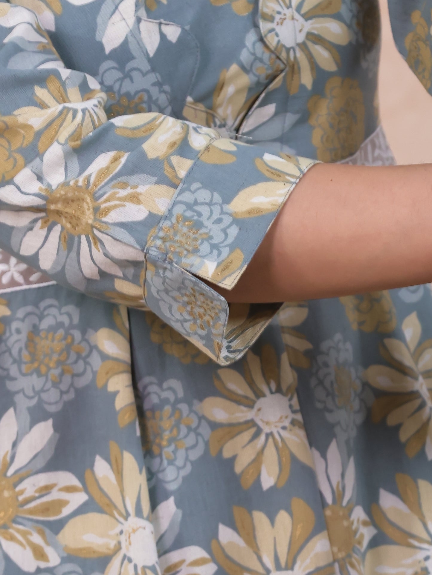 Linen Cotton Floral Flared Off White Dress