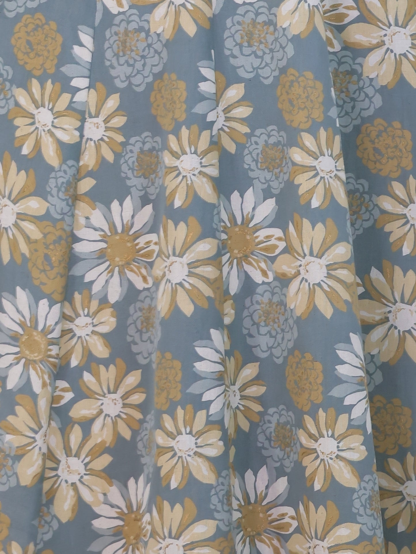 Linen Cotton Floral Flared Off White Dress