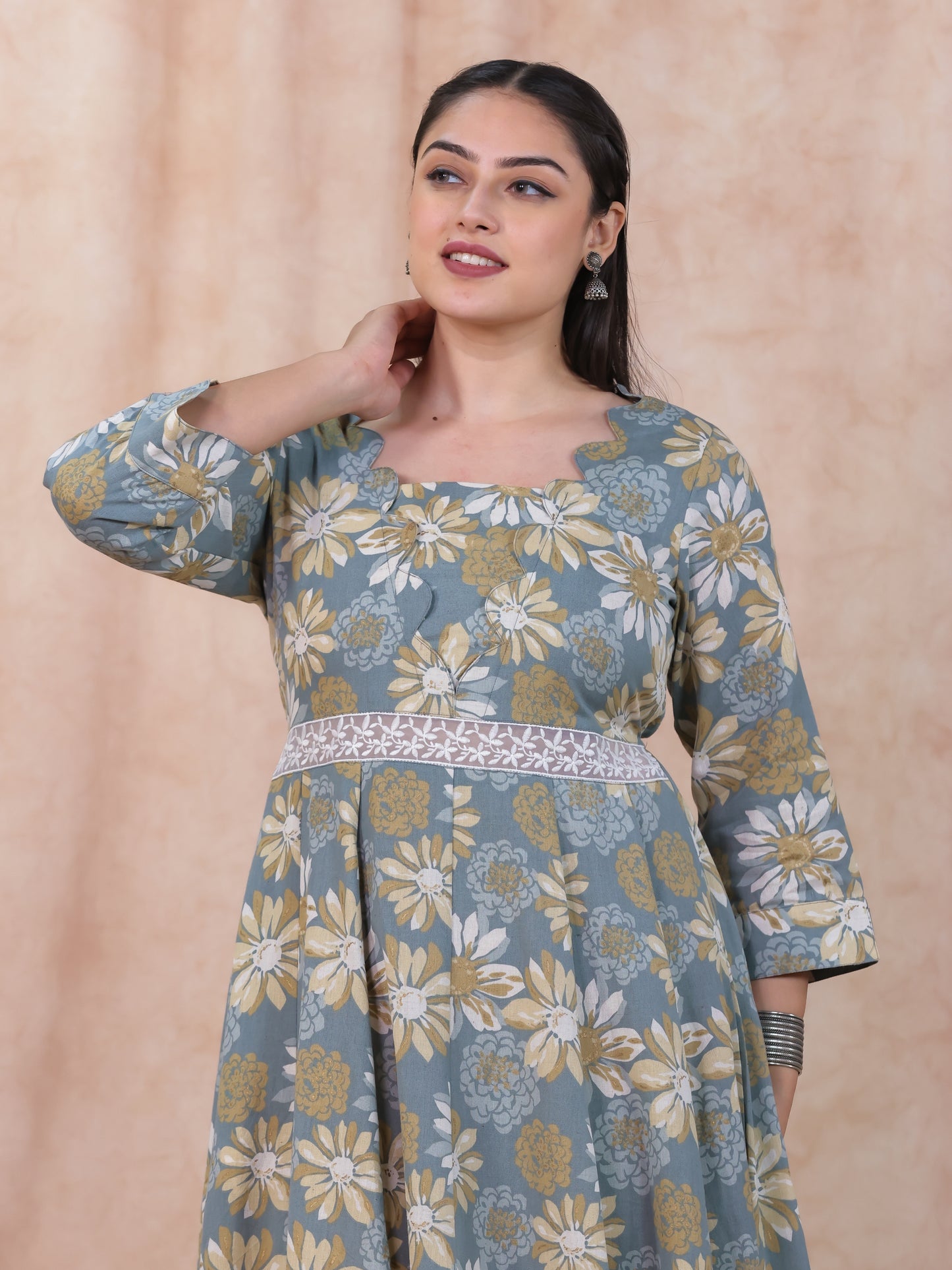 Linen Cotton Floral Flared Off White Dress