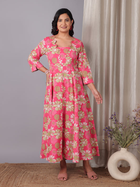 Soft Cotton Floral Flared Pink Dress