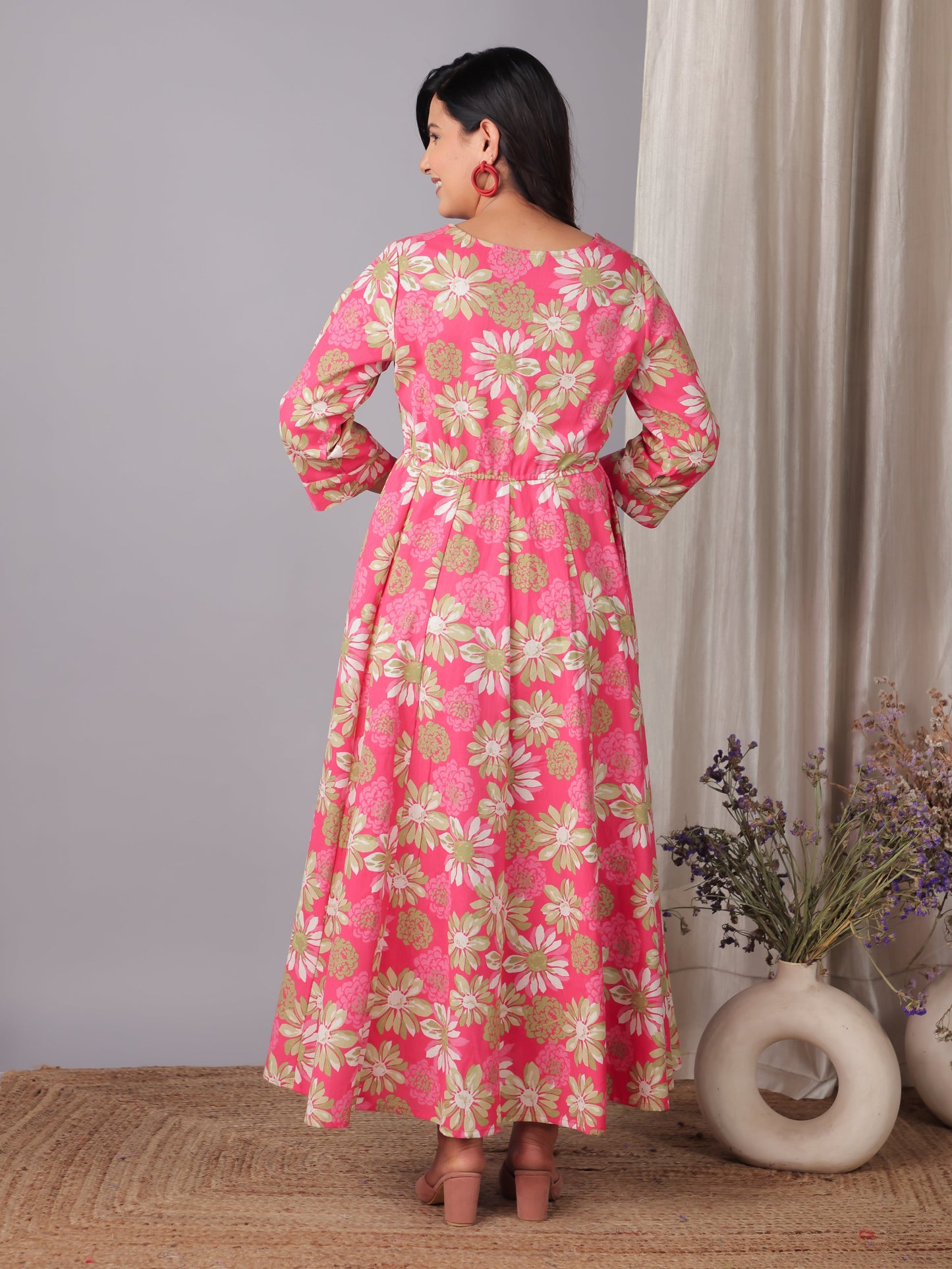 Soft Cotton Floral Flared Pink Dress