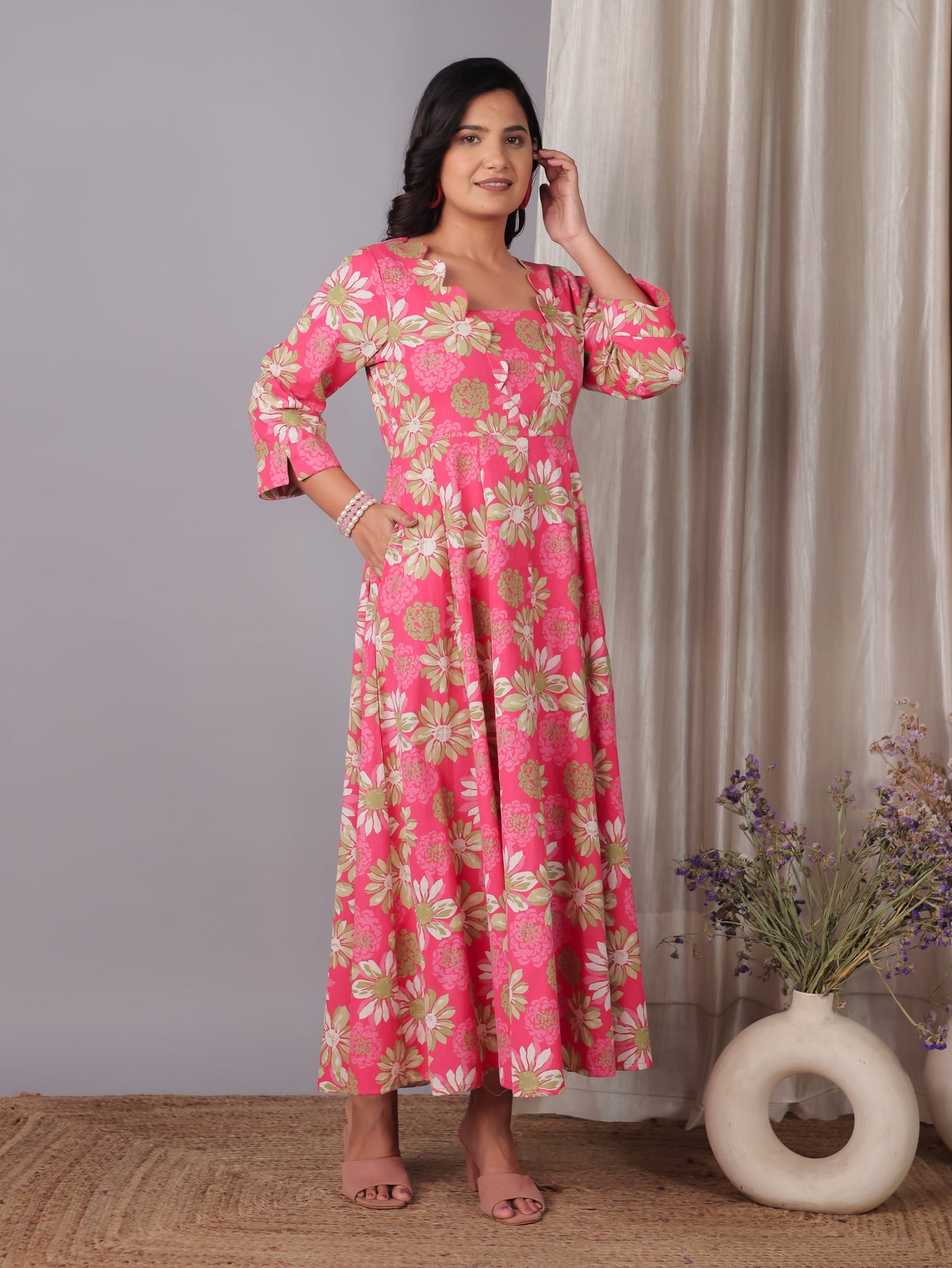 Soft Cotton Floral Flared Pink Dress