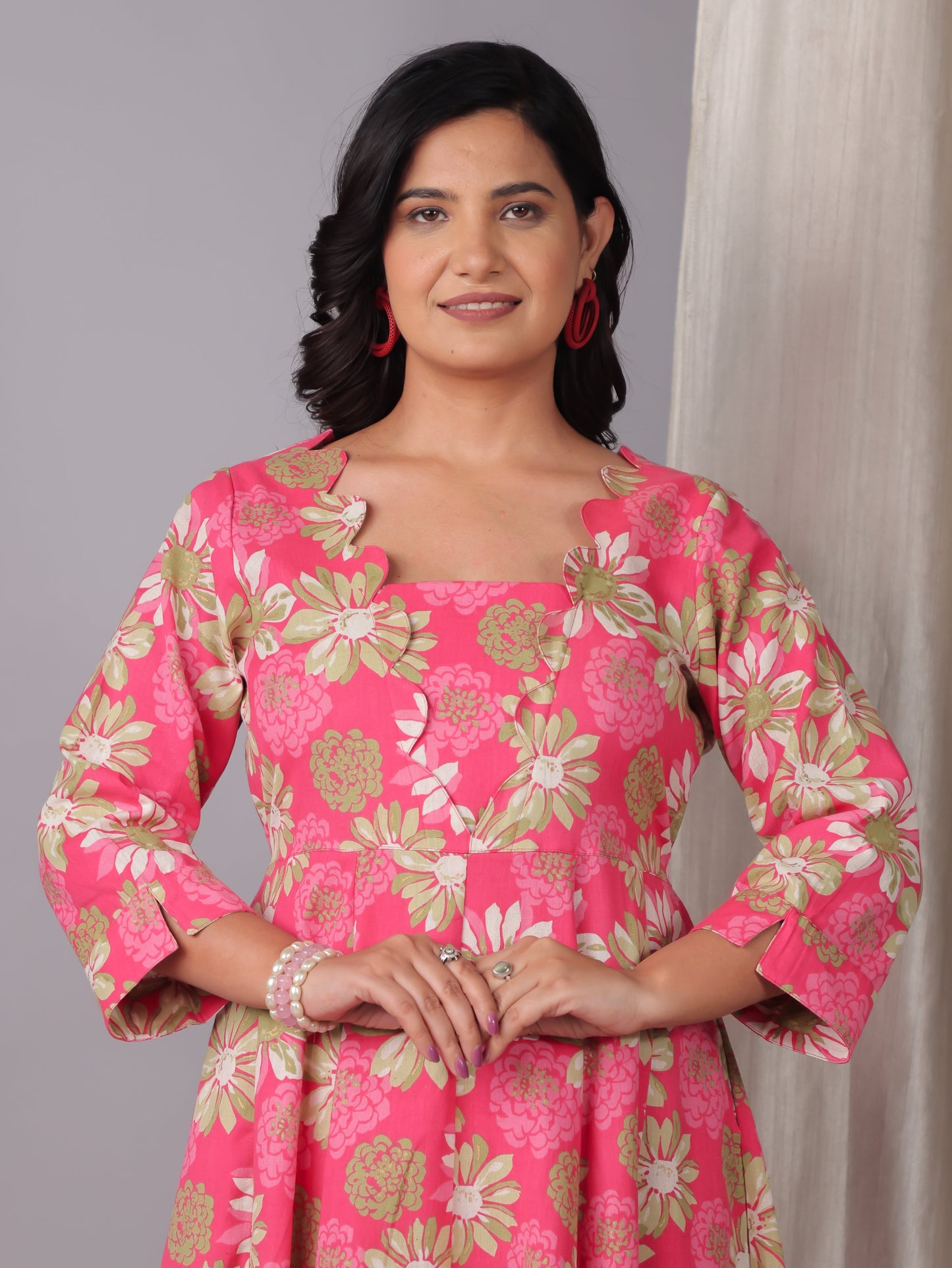 Soft Cotton Floral Flared Pink Dress