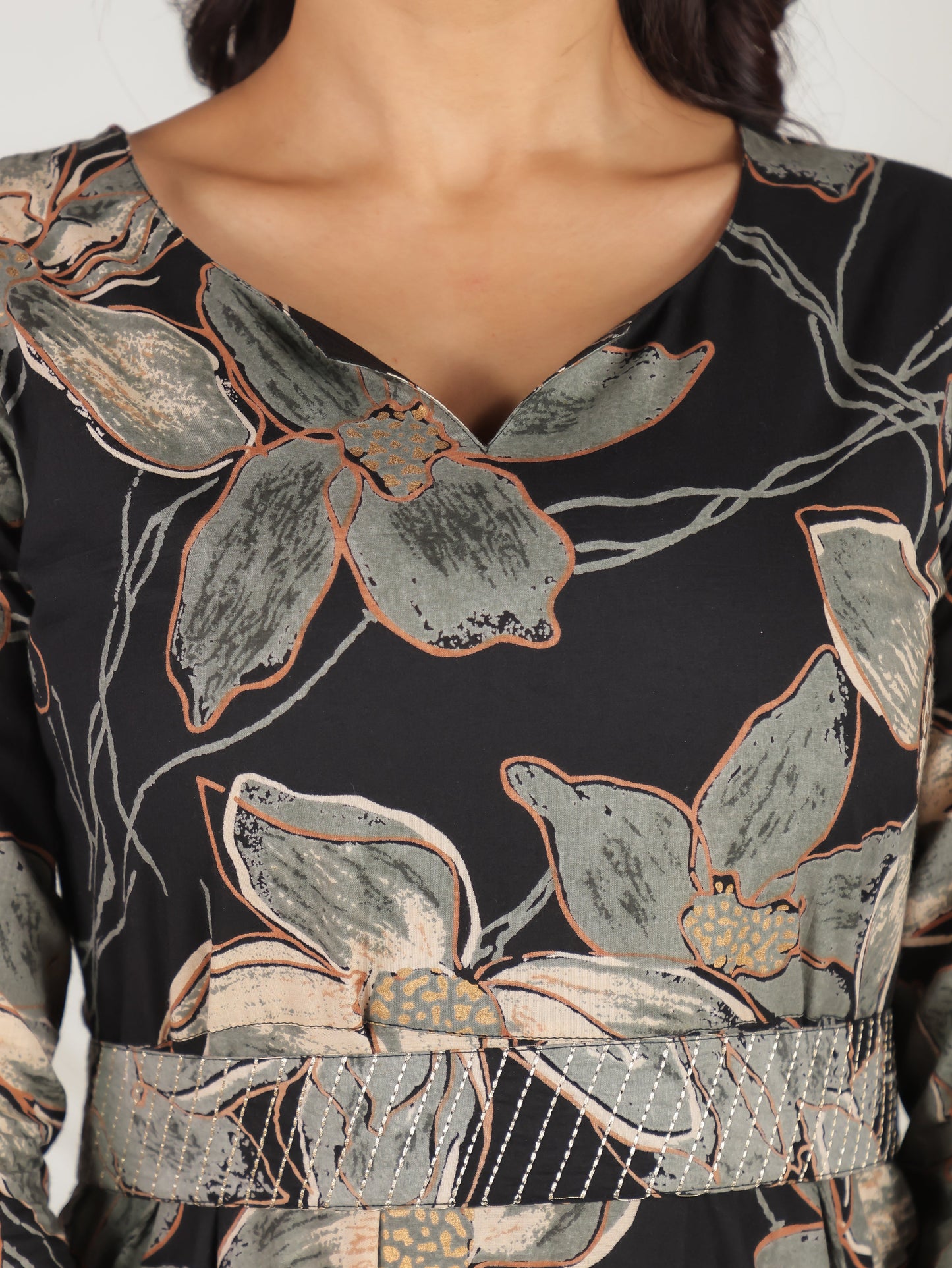 Embroidered Soft Cotton Floral Anarkali Black Dress