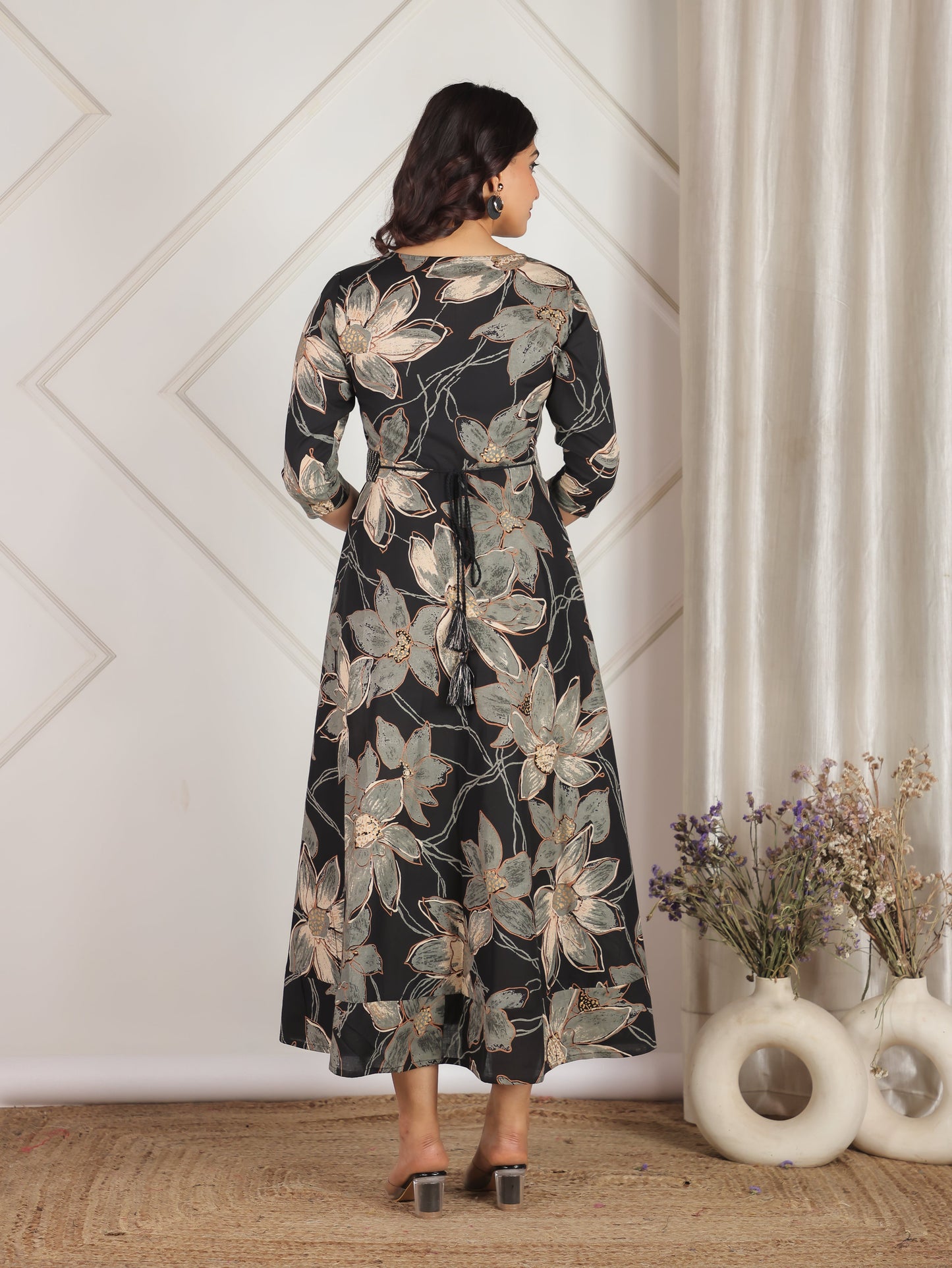 Embroidered Soft Cotton Floral Anarkali Black Dress