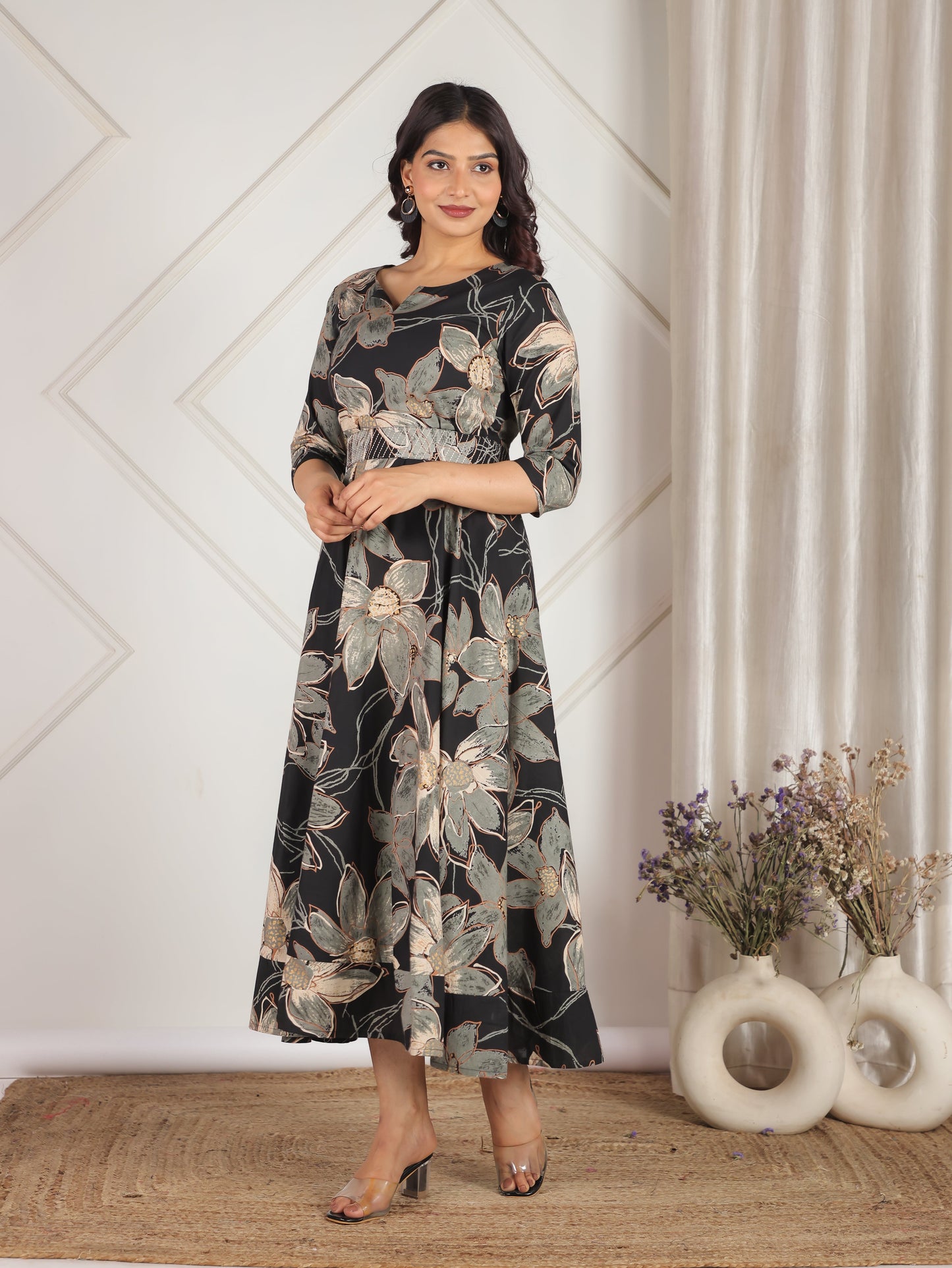Embroidered Soft Cotton Floral Anarkali Black Dress