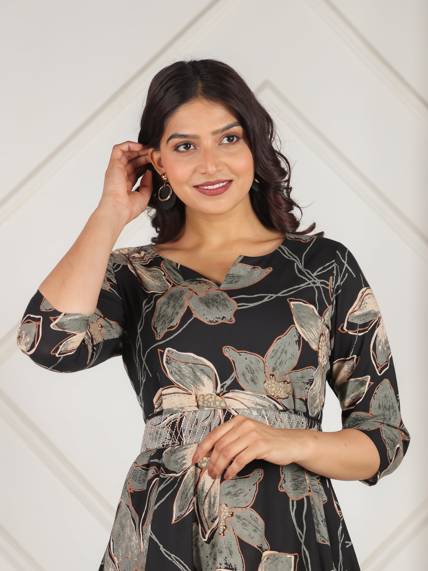 Embroidered Soft Cotton Floral Anarkali Black Dress