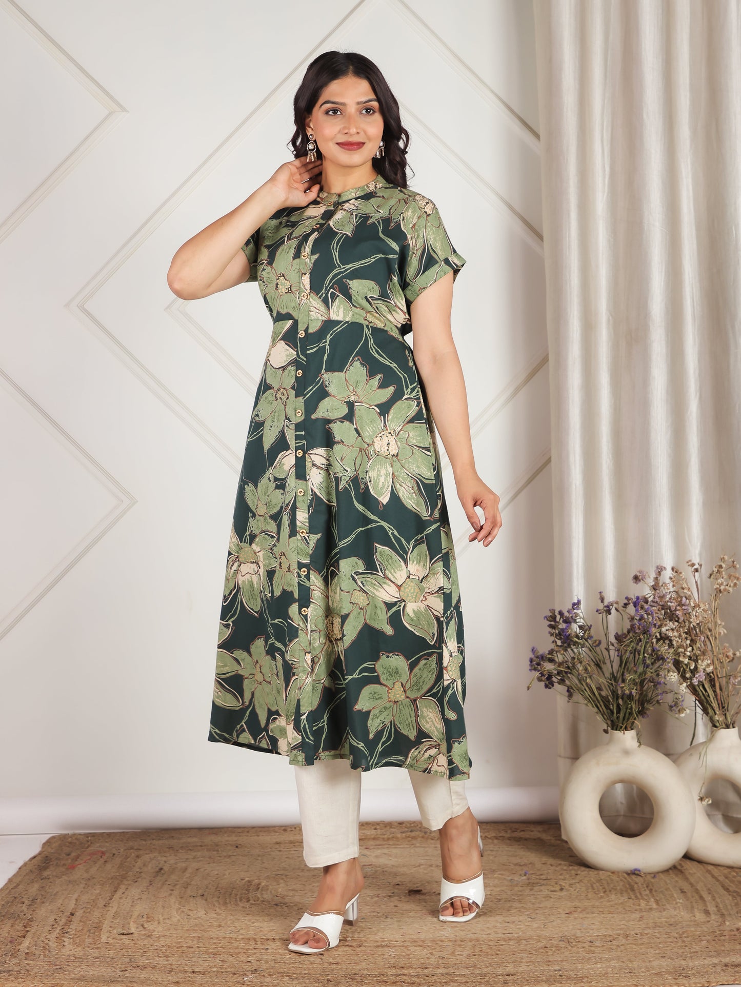 Soft Cotton Floral A-line Green Dress