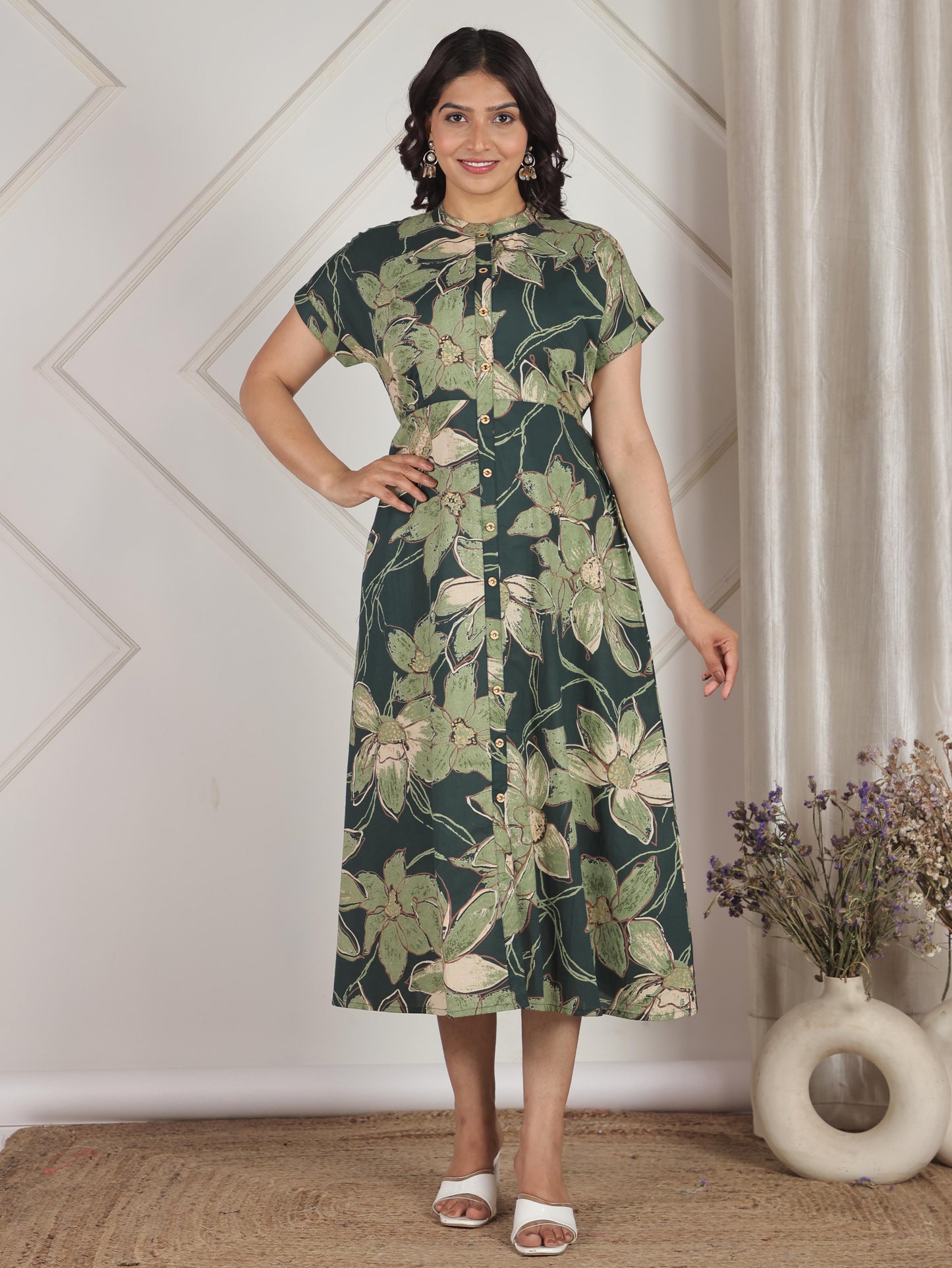 Soft Cotton Floral A-line Green Dress