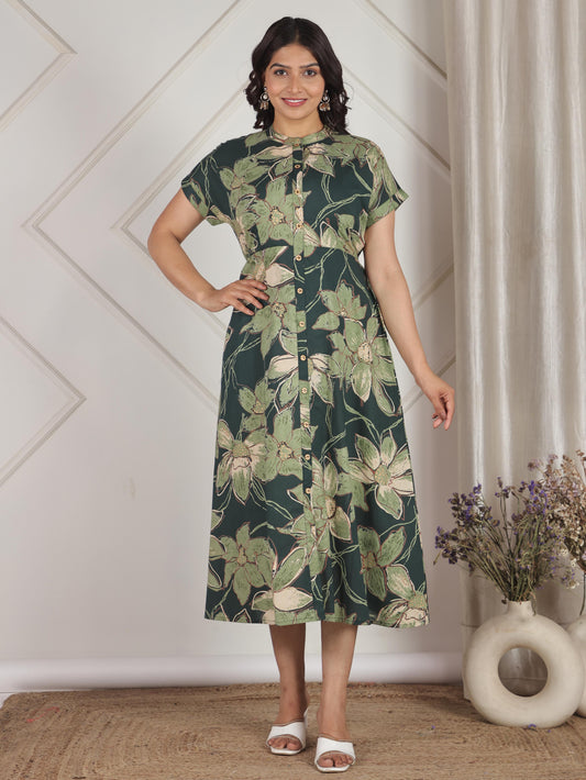 Soft Cotton Floral A-line Green Dress