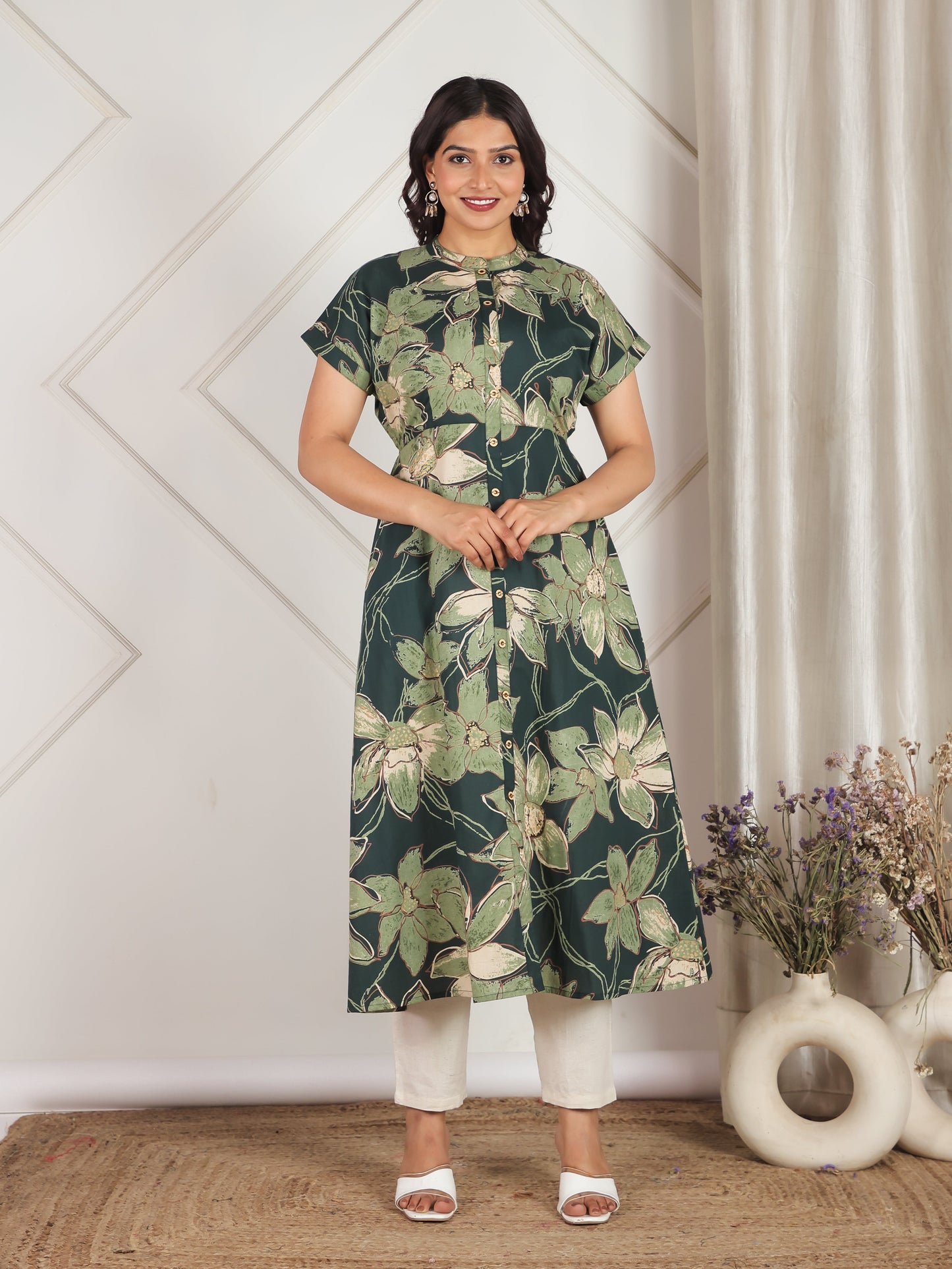 Soft Cotton Floral A-line Green Dress