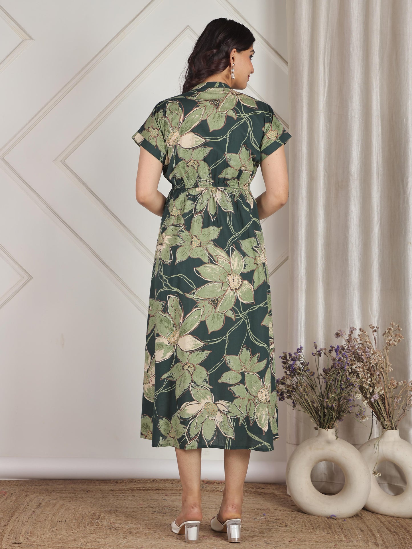 Soft Cotton Floral A-line Green Dress