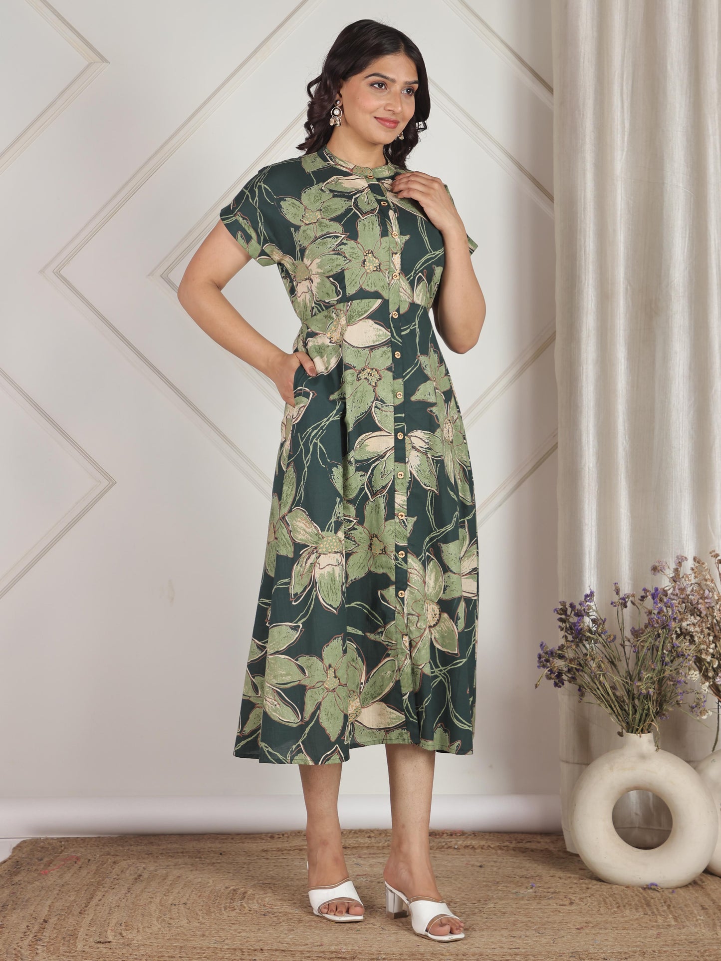 Soft Cotton Floral A-line Green Dress