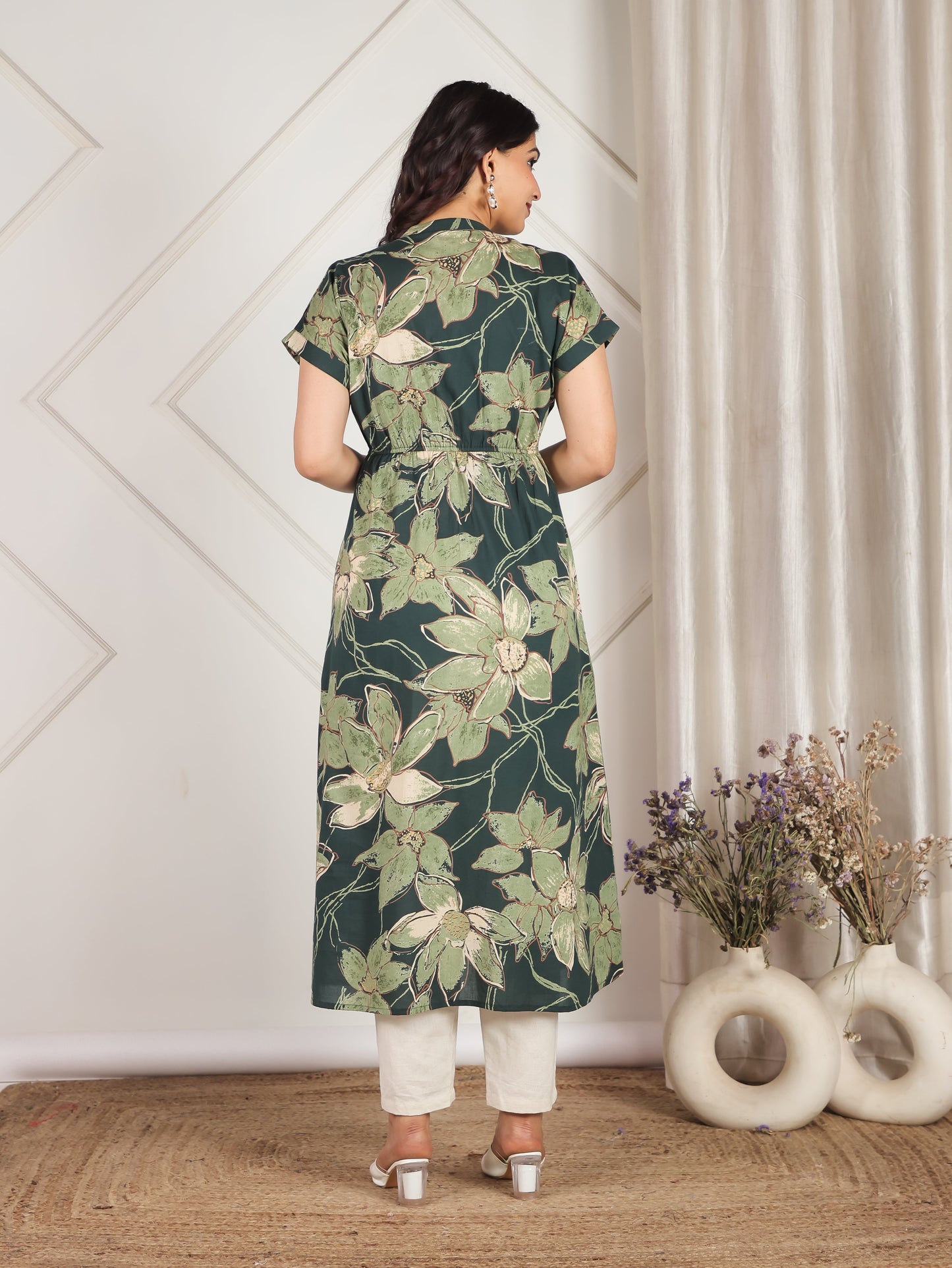 Soft Cotton Floral A-line Green Dress