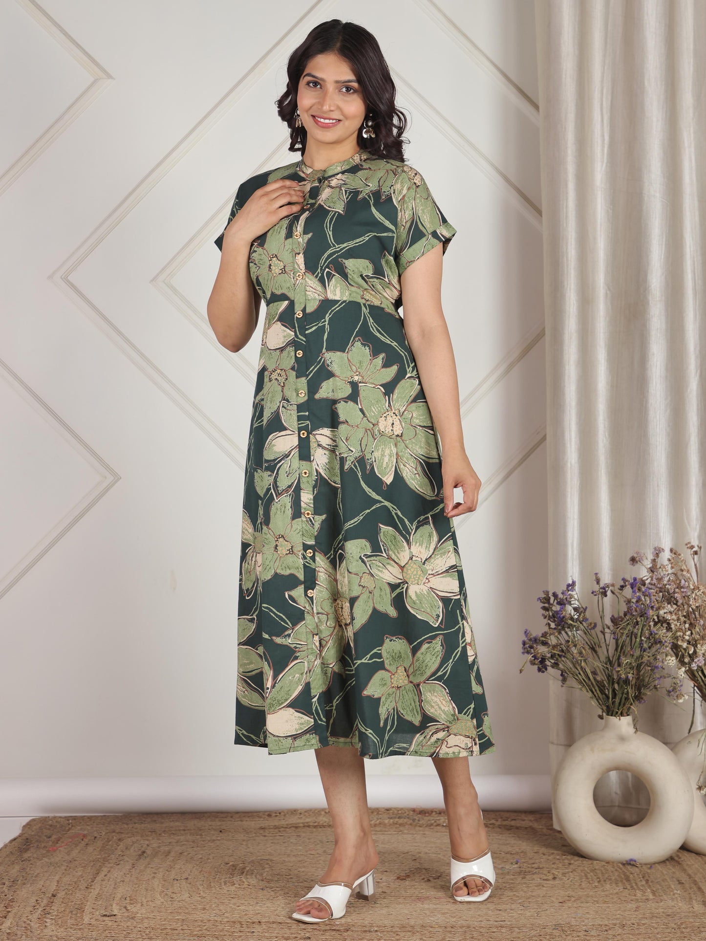 Soft Cotton Floral A-line Green Dress