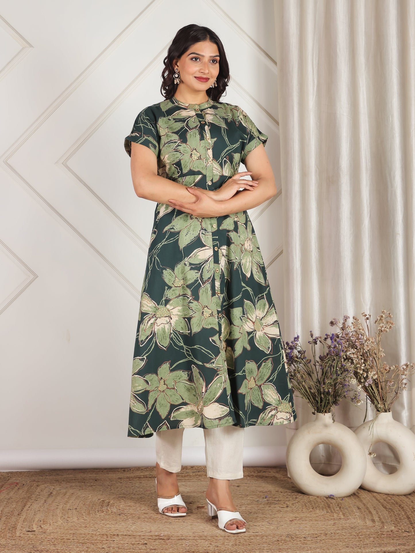 Soft Cotton Floral A-line Green Dress