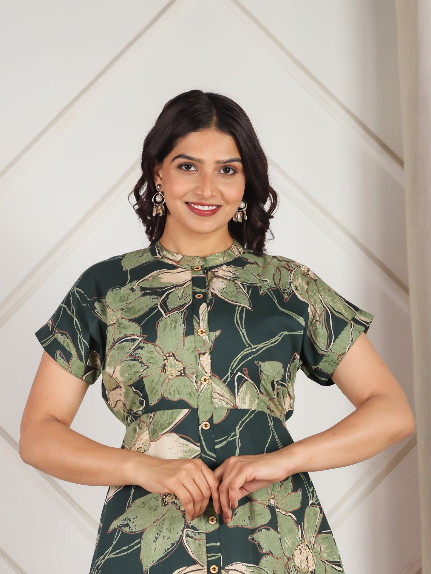 Soft Cotton Floral A-line Green Dress