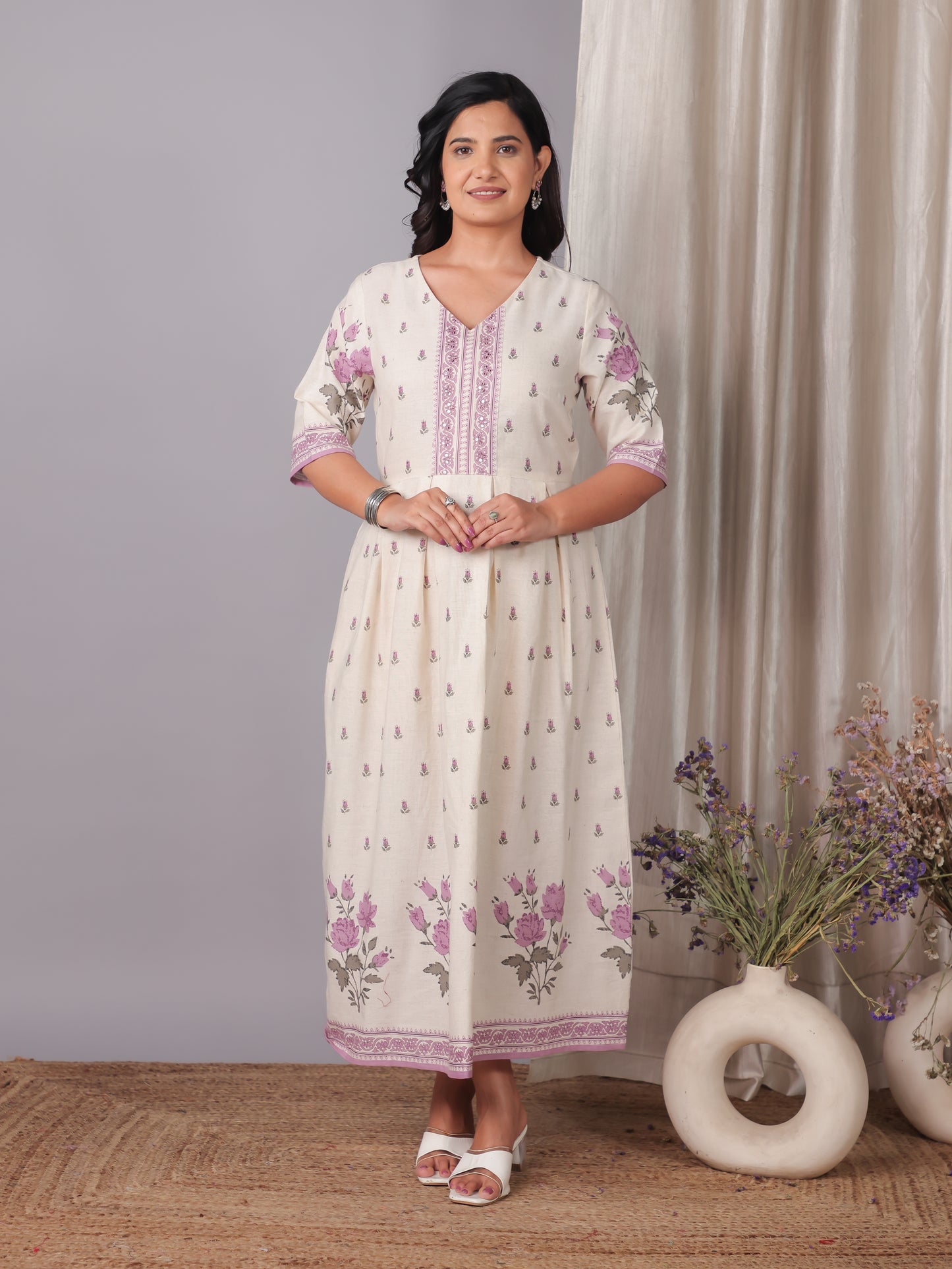 Embroidered Linen Cotton Placement Print A-line Off White Dress