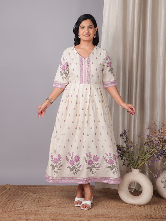 Embroidered Linen Cotton Placement Print A-line Off White Dress
