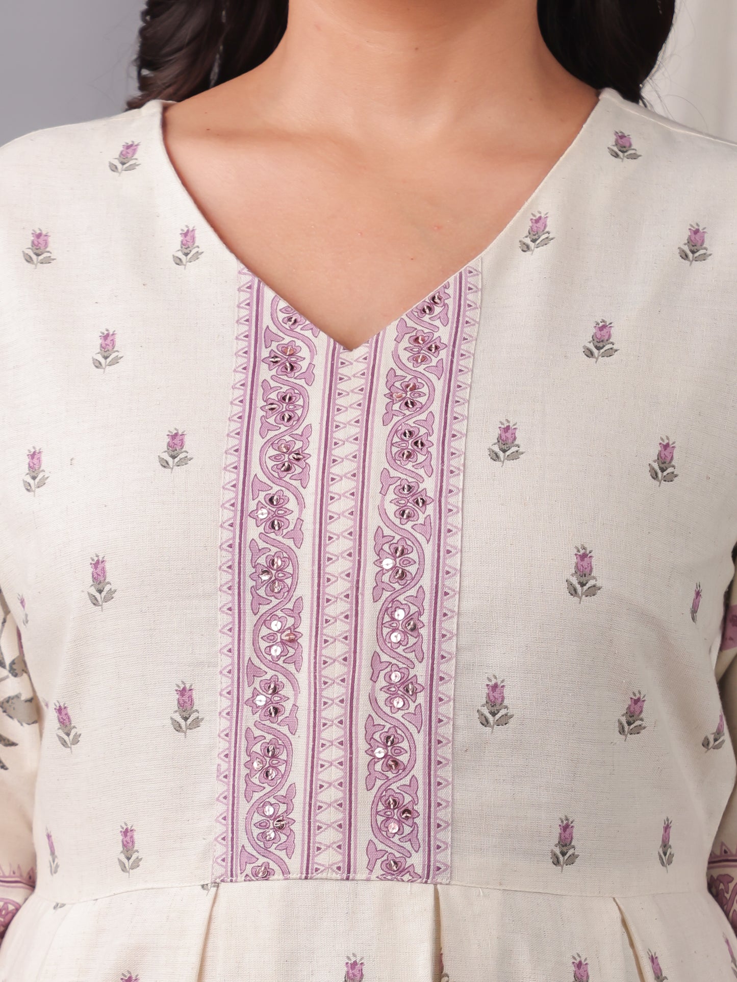 Embroidered Linen Cotton Placement Print A-line Off White Dress