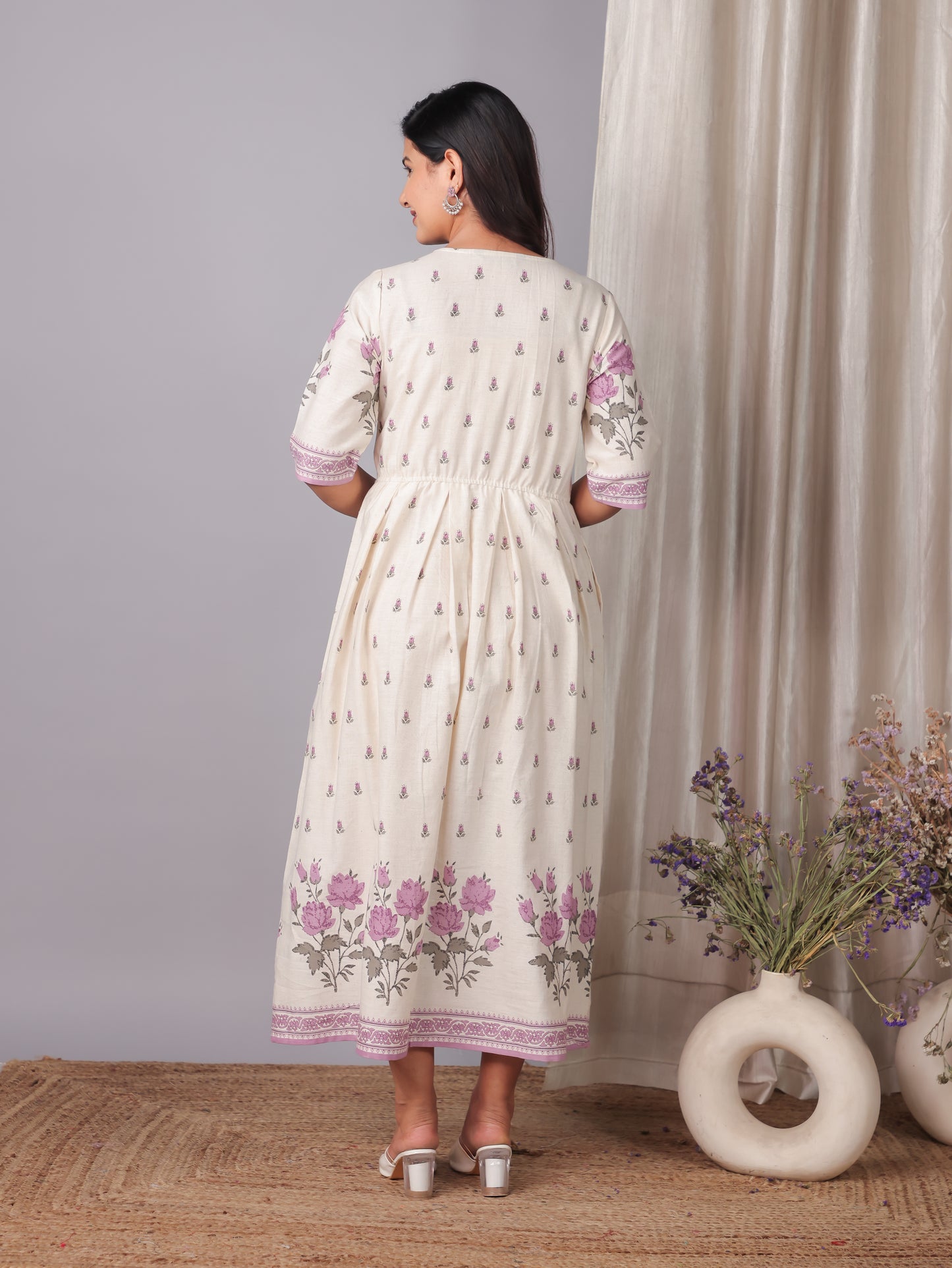 Embroidered Linen Cotton Placement Print A-line Off White Dress