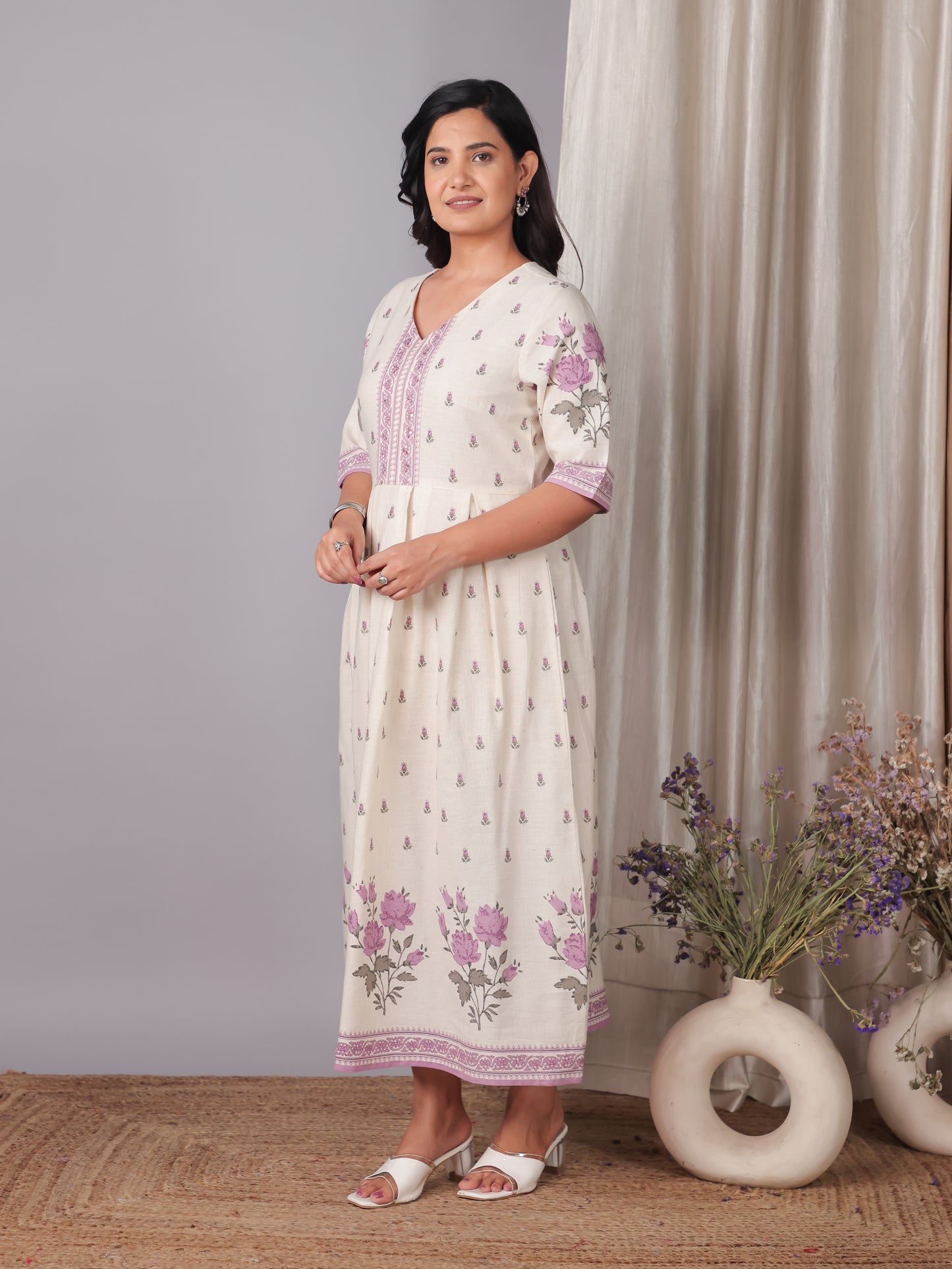 Embroidered Linen Cotton Placement Print A-line Off White Dress