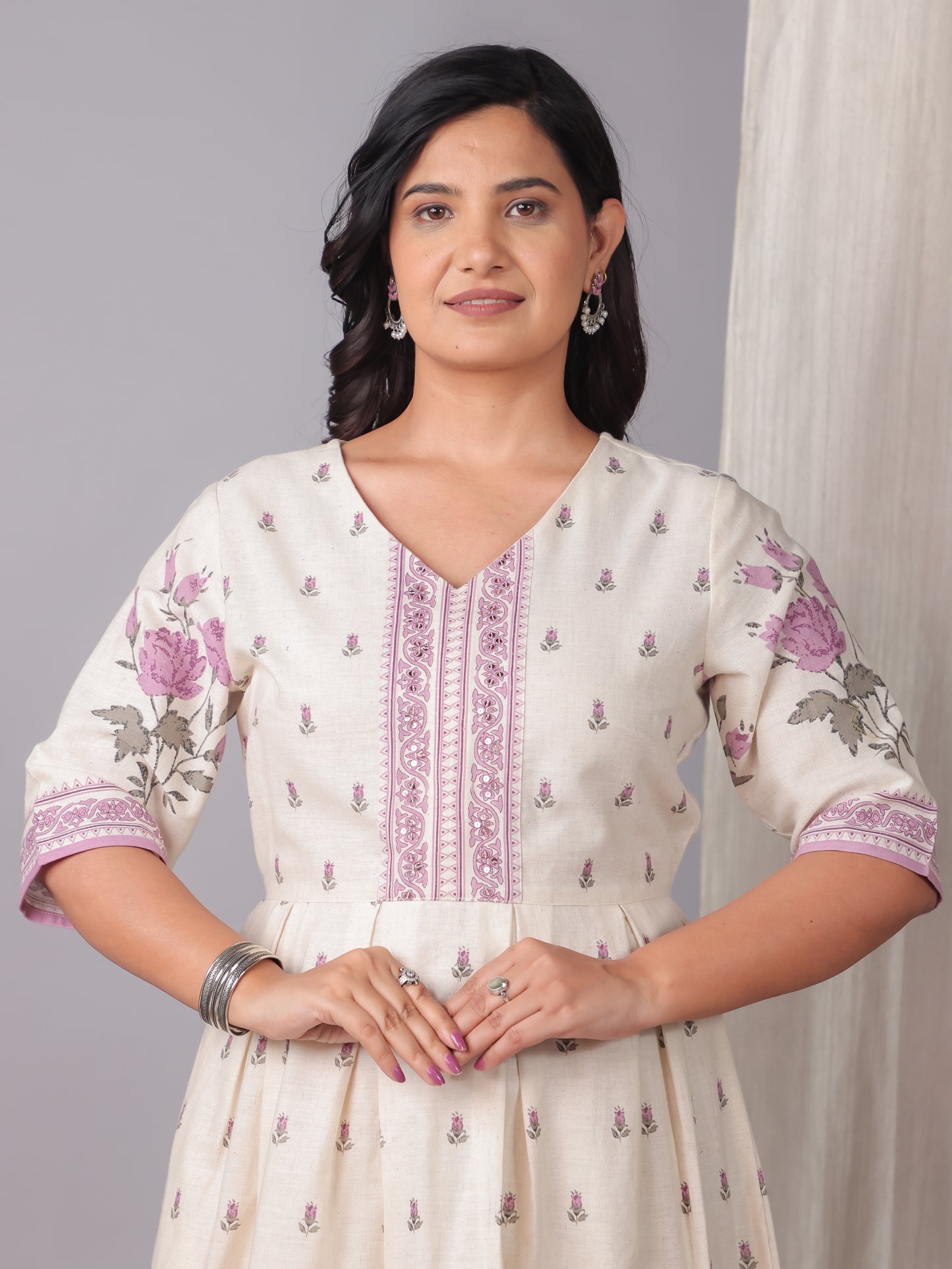 Embroidered Linen Cotton Placement Print A-line Off White Dress