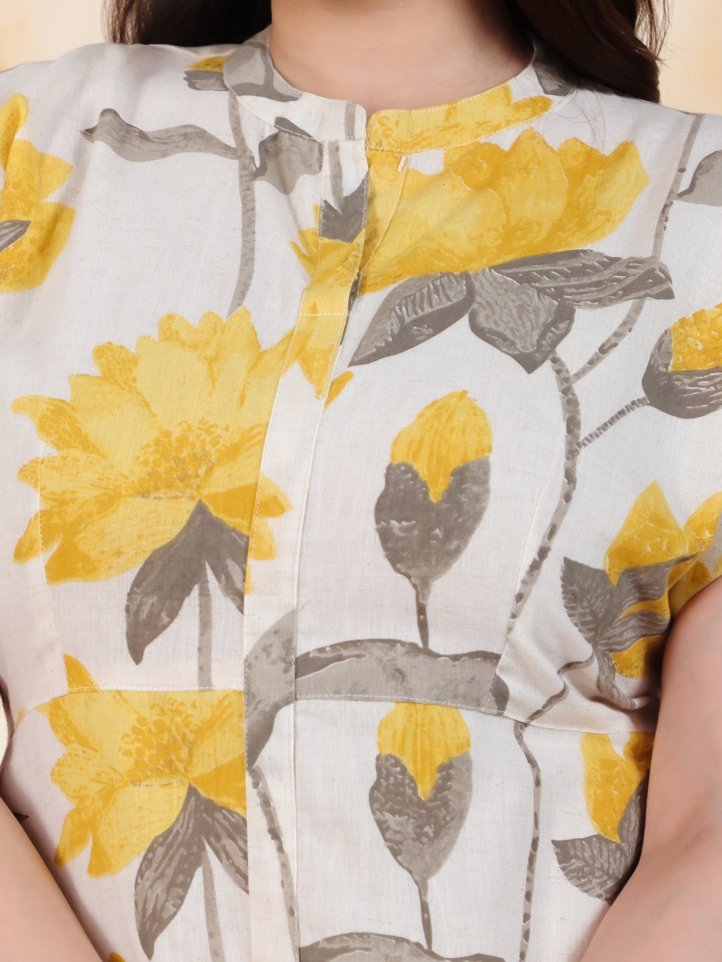 Linen Cotton Floral A-line Off White Kurta