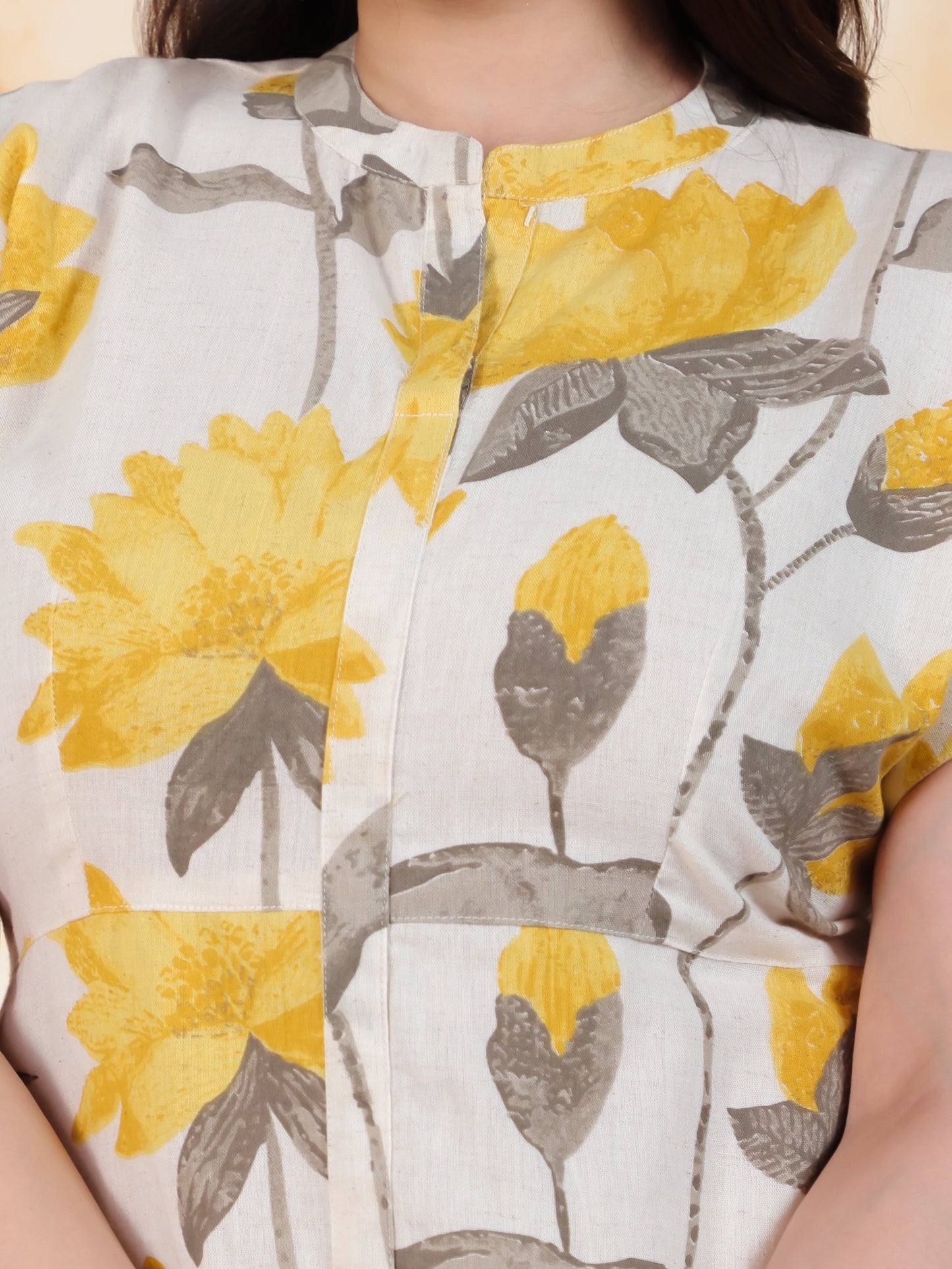 Linen Cotton Floral A-line Off White Kurta